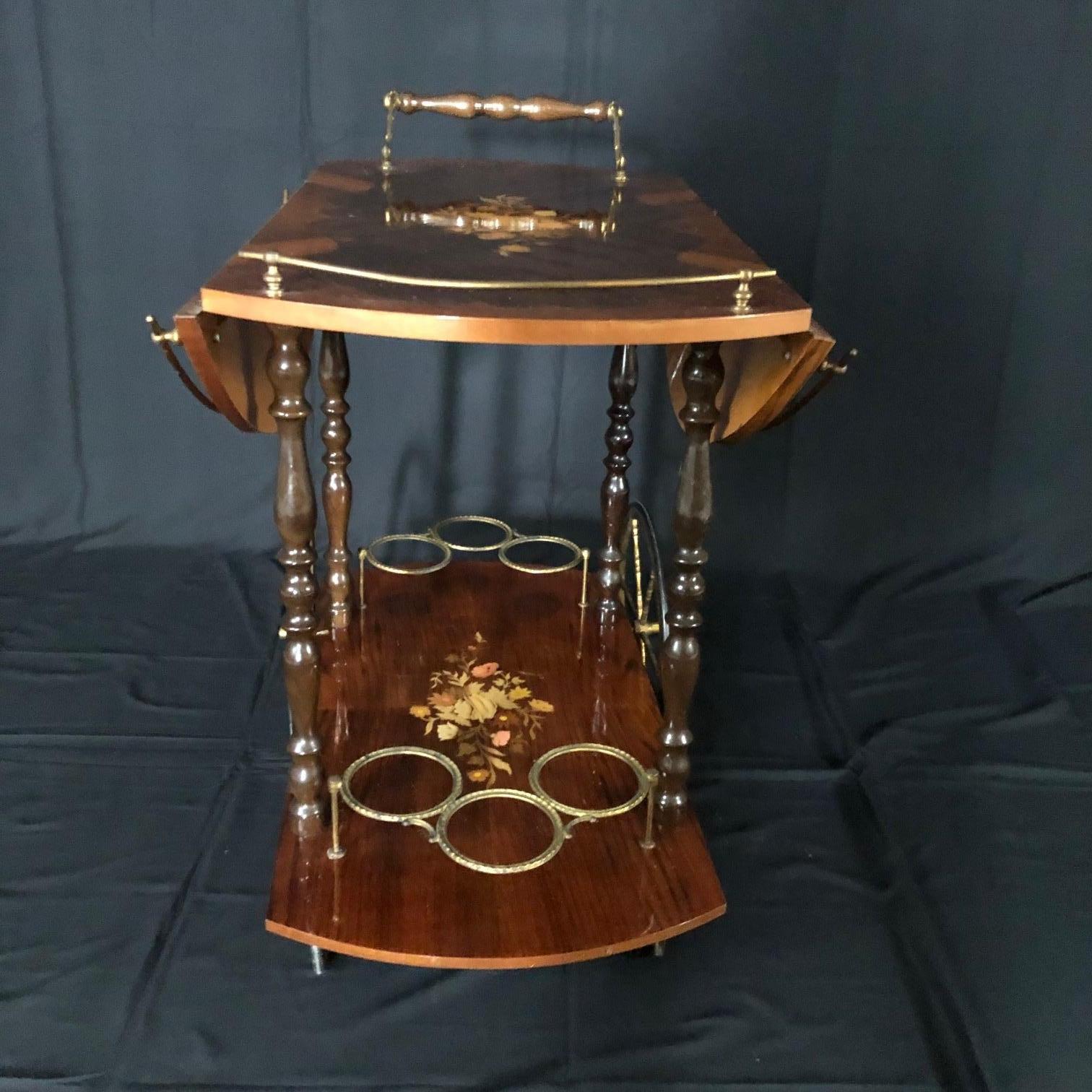 20th Century Italian Marquetry Lacquered Drop Leaf Walnut and Brass Bar Cart For Sale