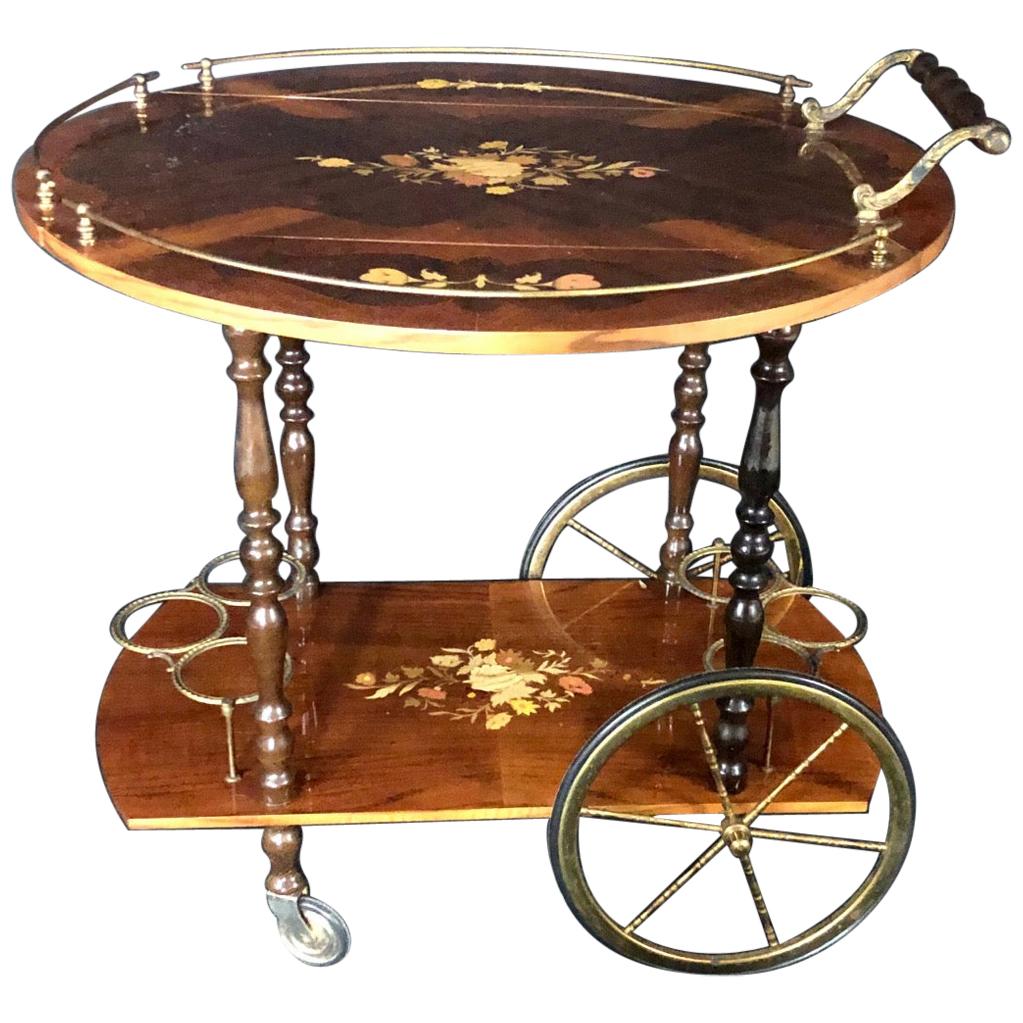 Italian Marquetry Lacquered Drop Leaf Walnut and Brass Bar Cart For Sale