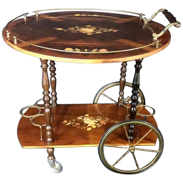 Italian Marquetry Lacquered Drop Leaf Walnut and Brass Bar Cart For Sale at  1stDibs | bar carts for sale, italian marquetry bar cart, vintage italian bar  cart