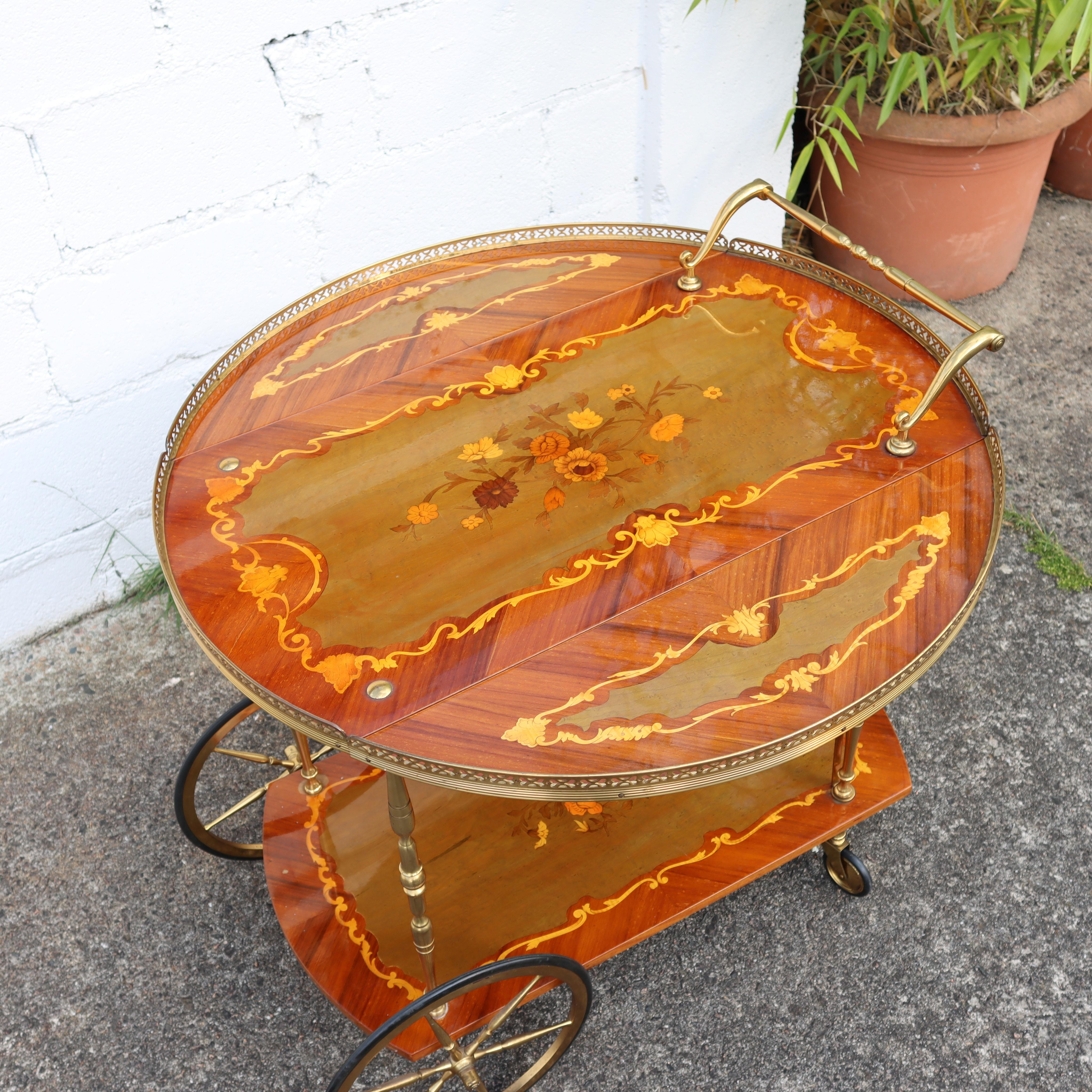 Italian Marquetry Two Tier Drop Leaf Bar Cart-Neoclassical Dessert-Bar Trolley 4