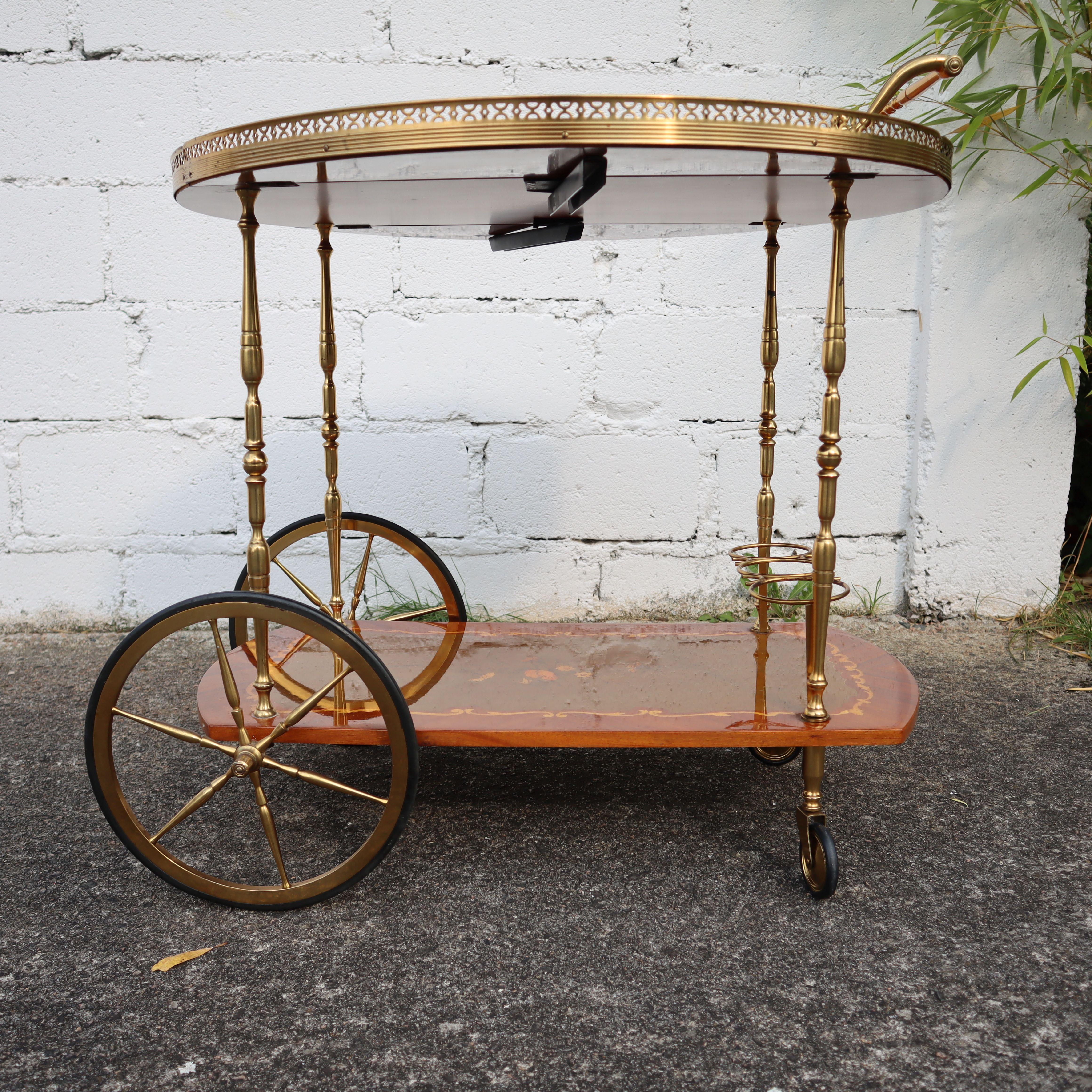 Italian Marquetry Two Tier Drop Leaf Bar Cart-Neoclassical Dessert-Bar Trolley 5