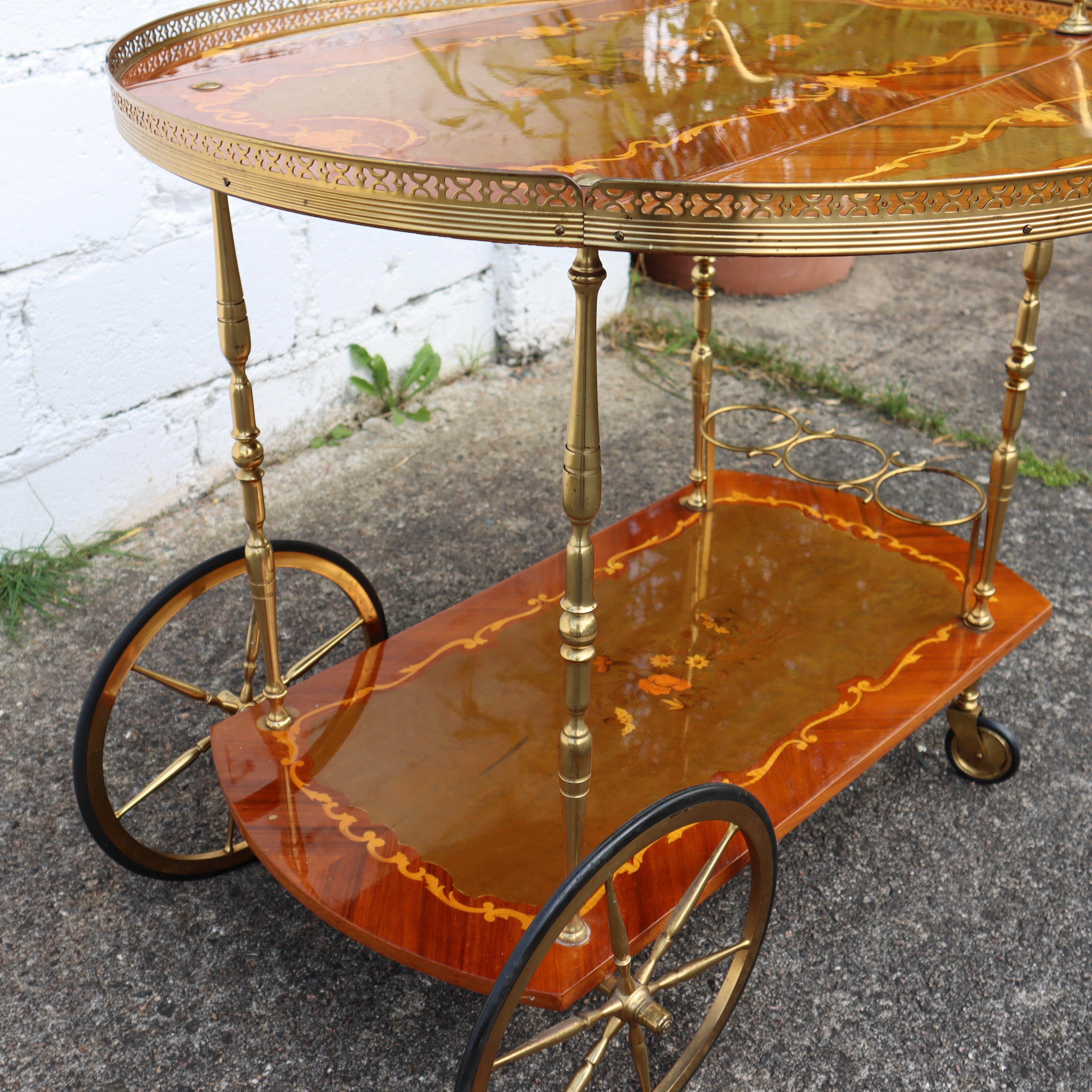 Italian Marquetry Two Tier Drop Leaf Bar Cart-Neoclassical Dessert-Bar Trolley 7