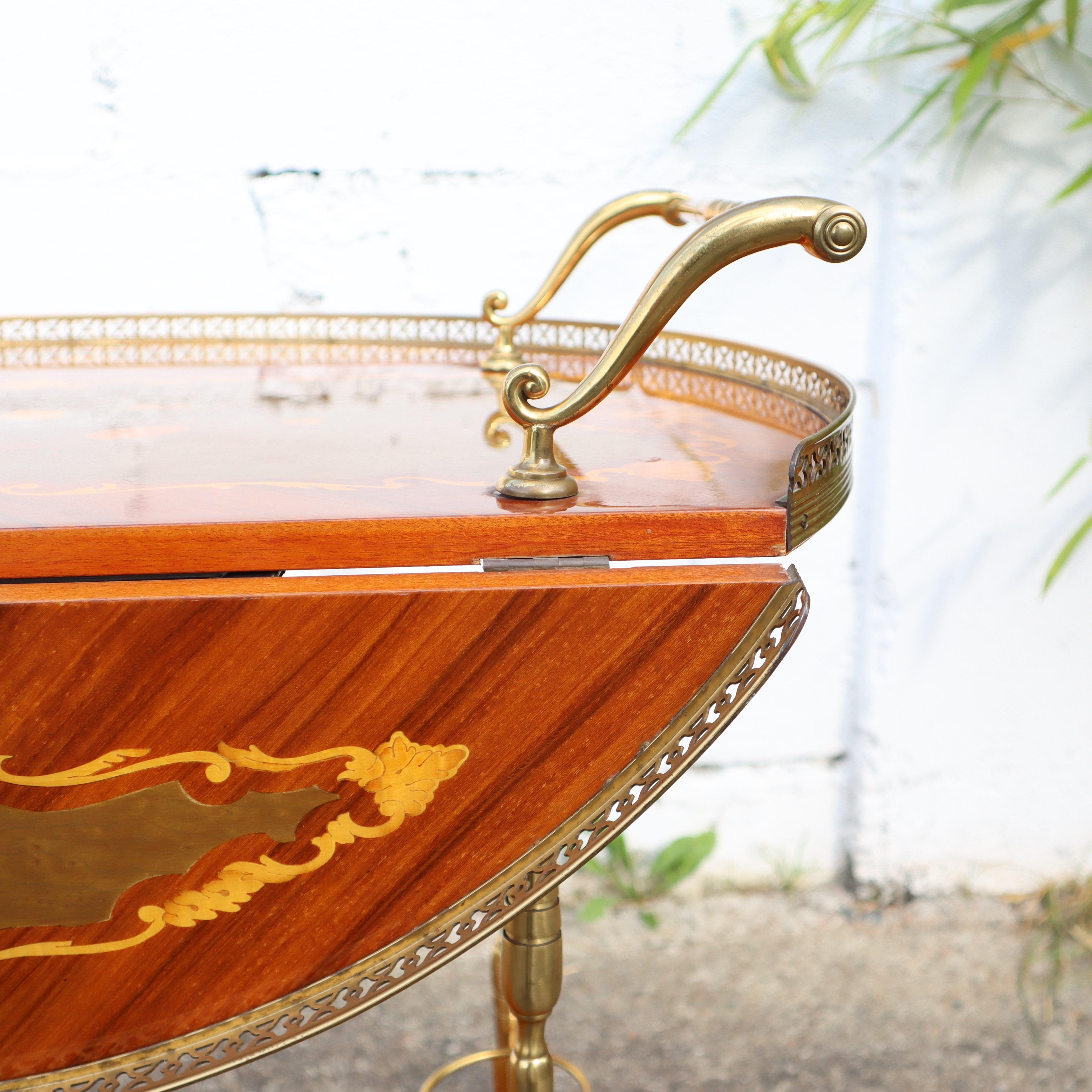 Italian Marquetry Two Tier Drop Leaf Bar Cart-Neoclassical Dessert-Bar Trolley 9