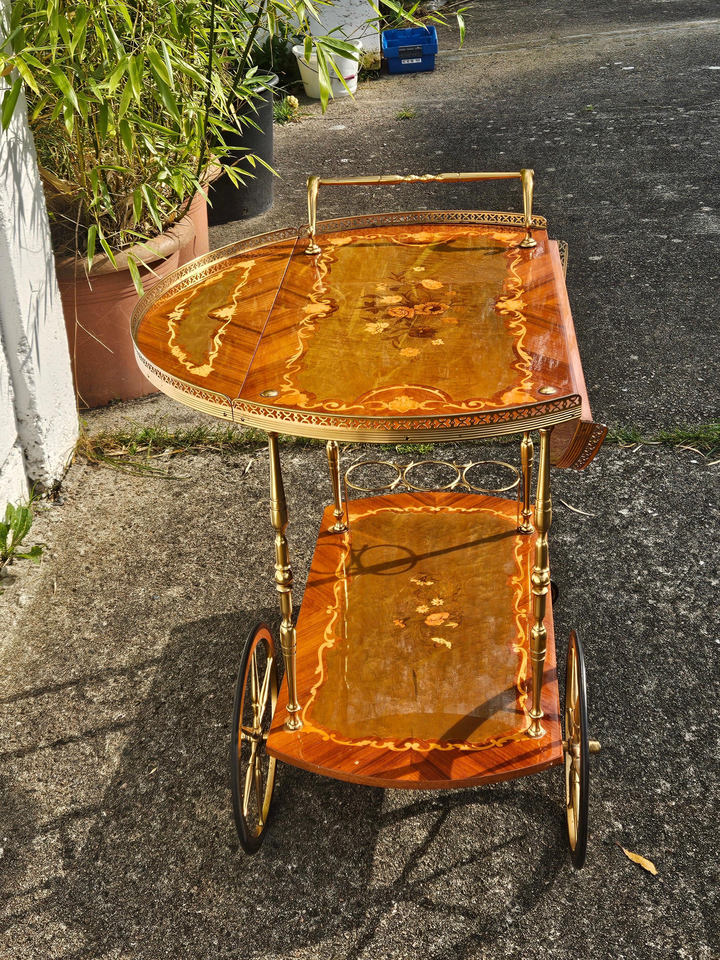 Italian Marquetry Two Tier Drop Leaf Bar Cart-Neoclassical Dessert-Bar Trolley 11
