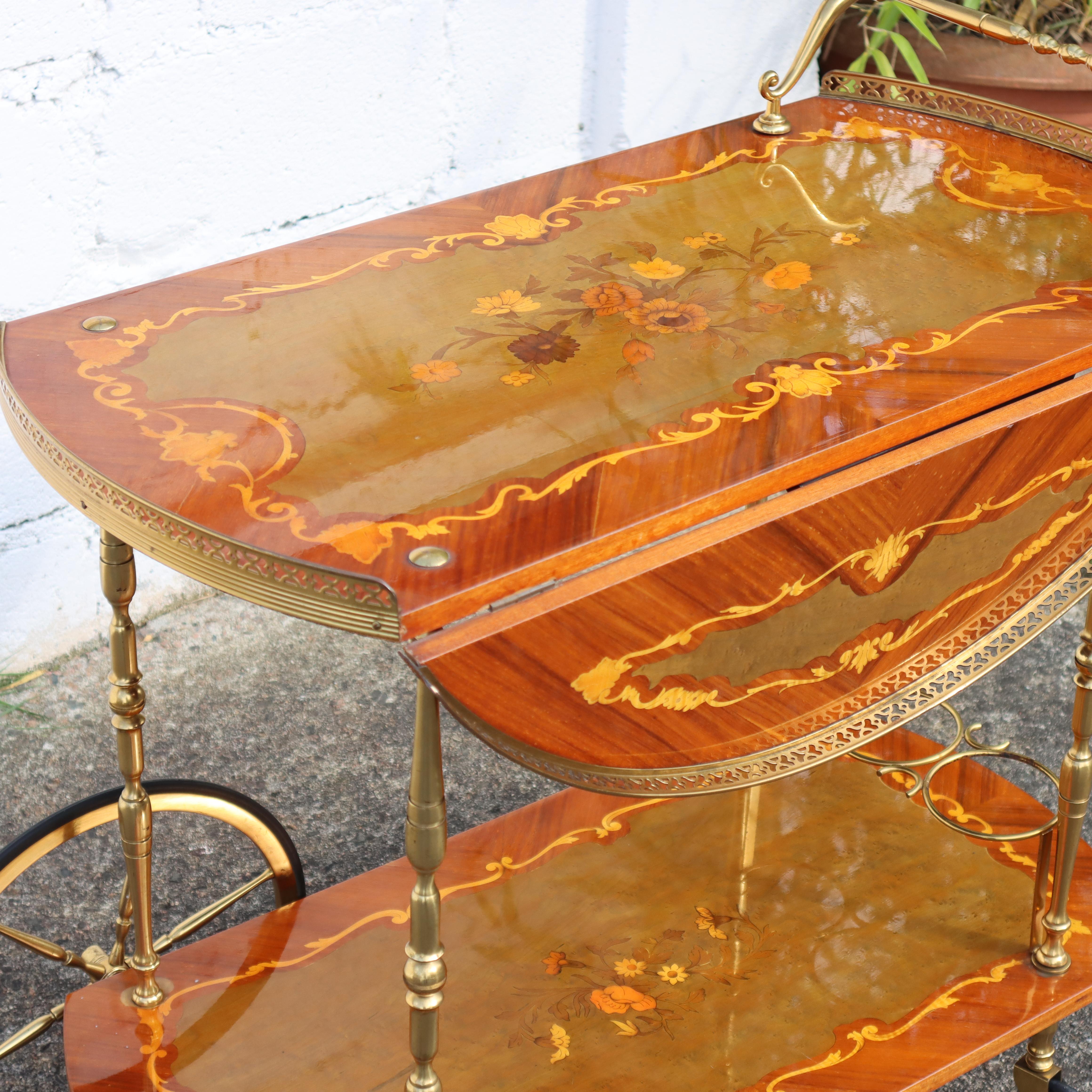 Italian Marquetry Two Tier Drop Leaf Bar Cart-Neoclassical Dessert-Bar Trolley 12