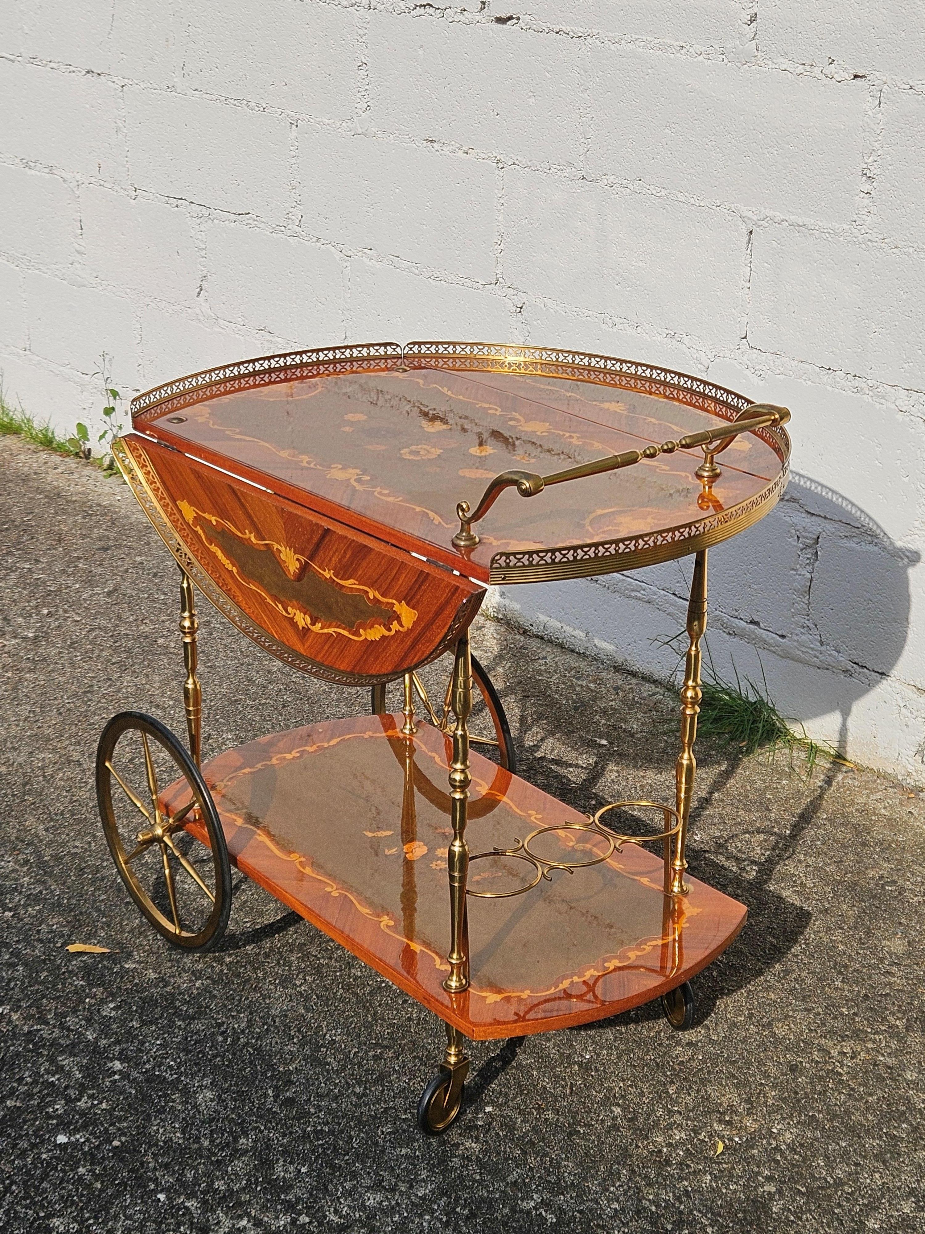 Summer Sale: Enjoy FREE IN-HOME delivery to France and special Shipping Offers for many other Countries.

Beautiful Italian Neoclassical inlaid Marquetry Dessert - Bar Cart with Brass Accent and Drop Leaves.
Bar cart in Neoclassical Design - made
