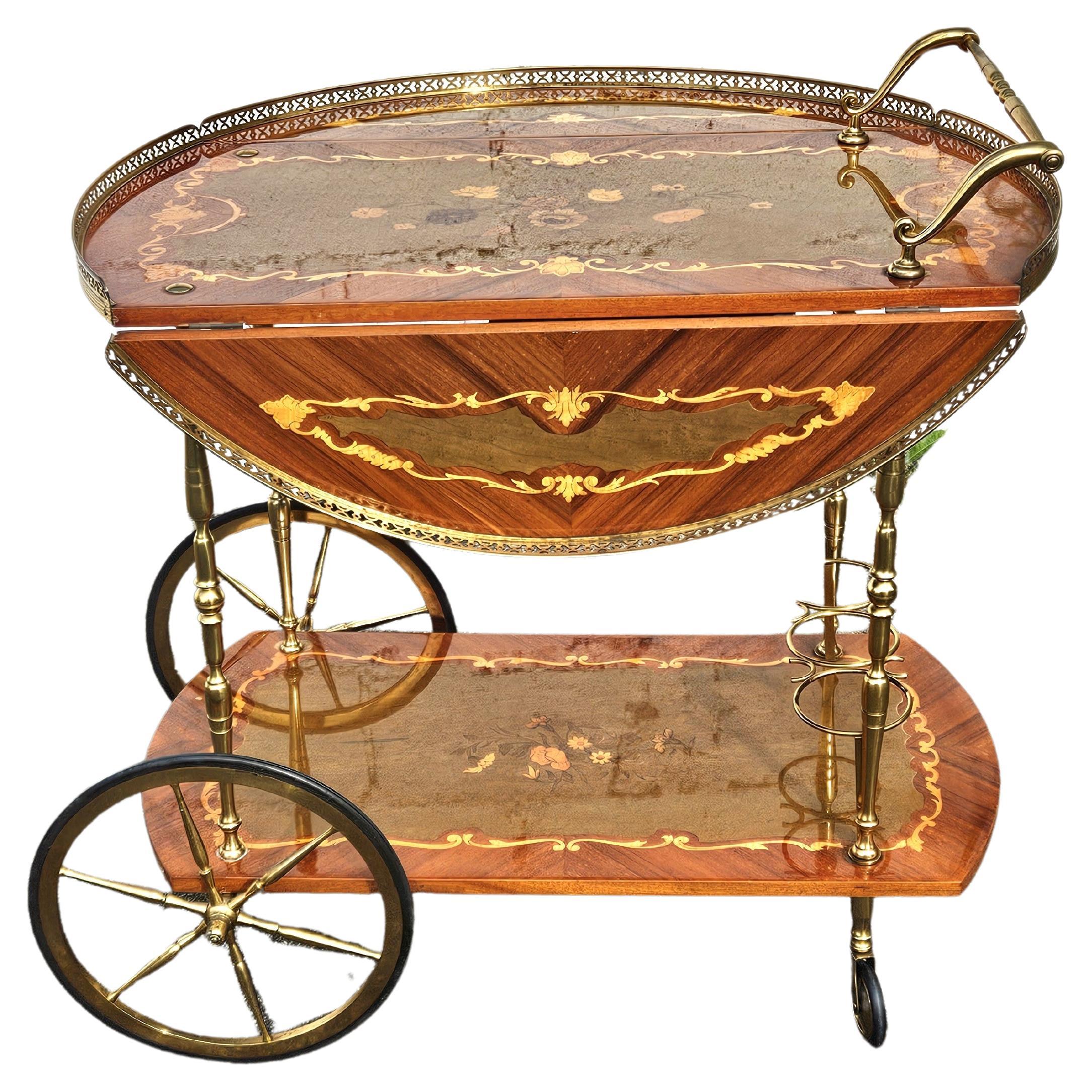 Inlay Italian Marquetry Two Tier Drop Leaf Bar Cart-Neoclassical Dessert-Bar Trolley