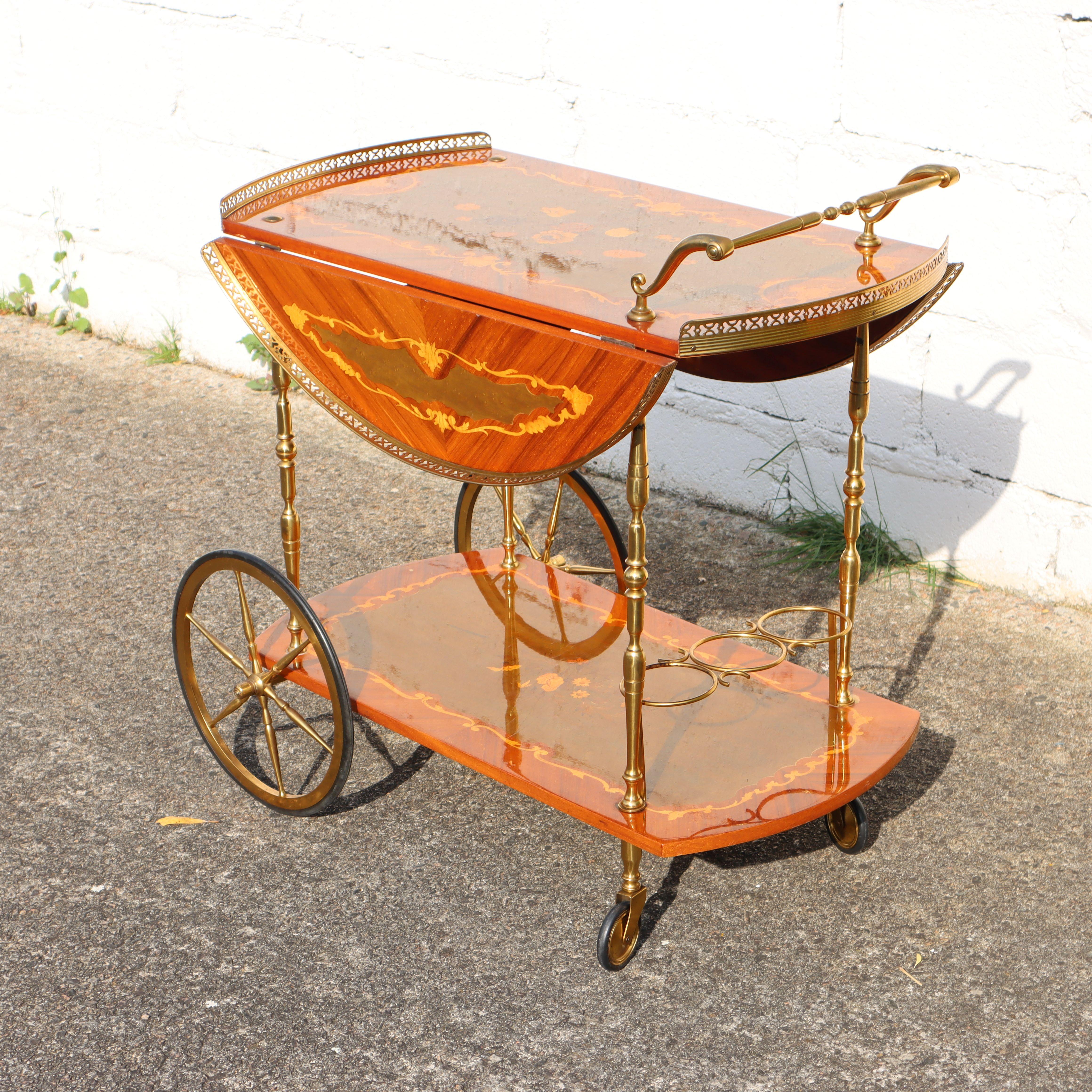 Late 20th Century Italian Marquetry Two Tier Drop Leaf Bar Cart-Neoclassical Dessert-Bar Trolley
