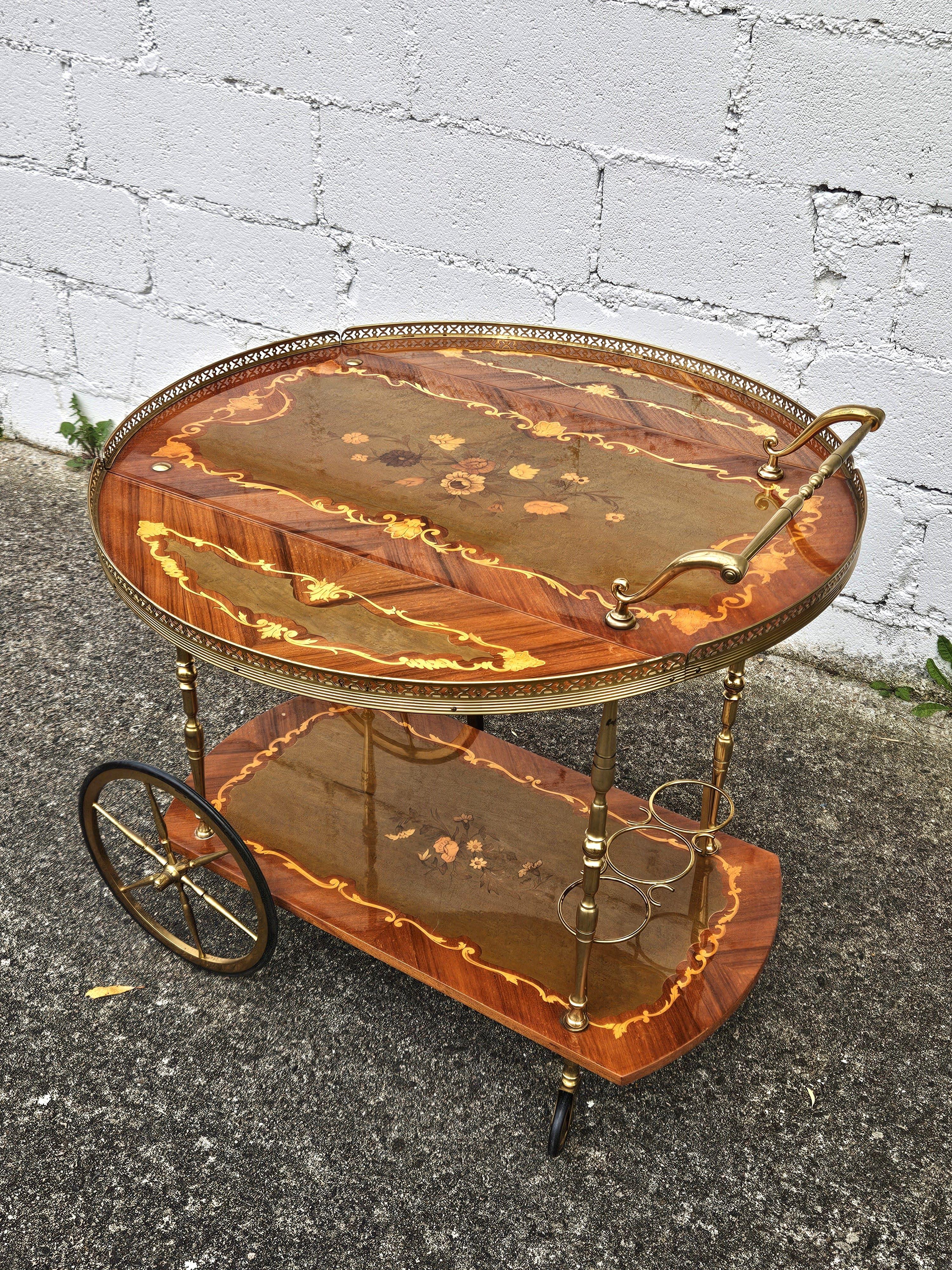 Metal Italian Marquetry Two Tier Drop Leaf Bar Cart-Neoclassical Dessert-Bar Trolley