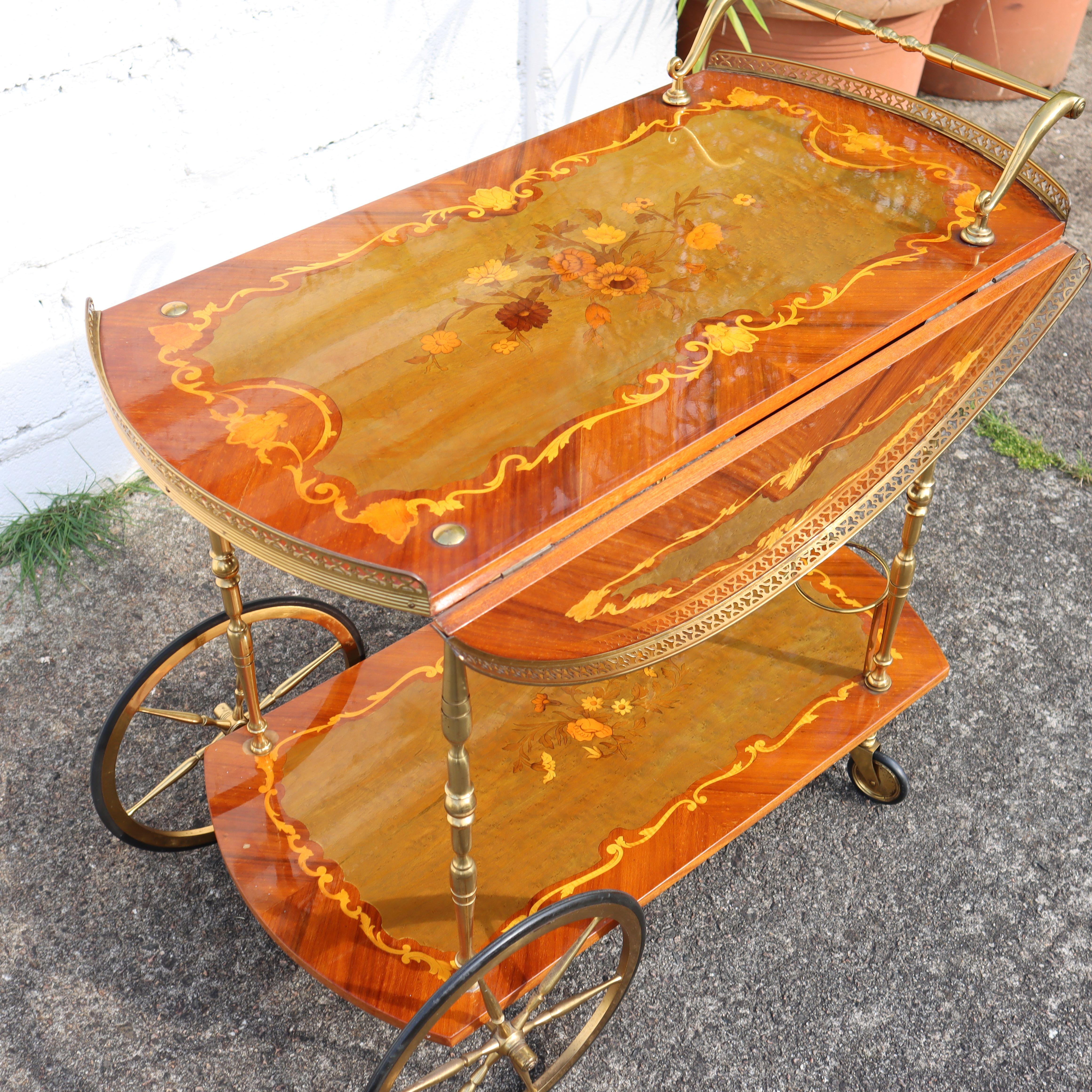 Italian Marquetry Two Tier Drop Leaf Bar Cart-Neoclassical Dessert-Bar Trolley 3
