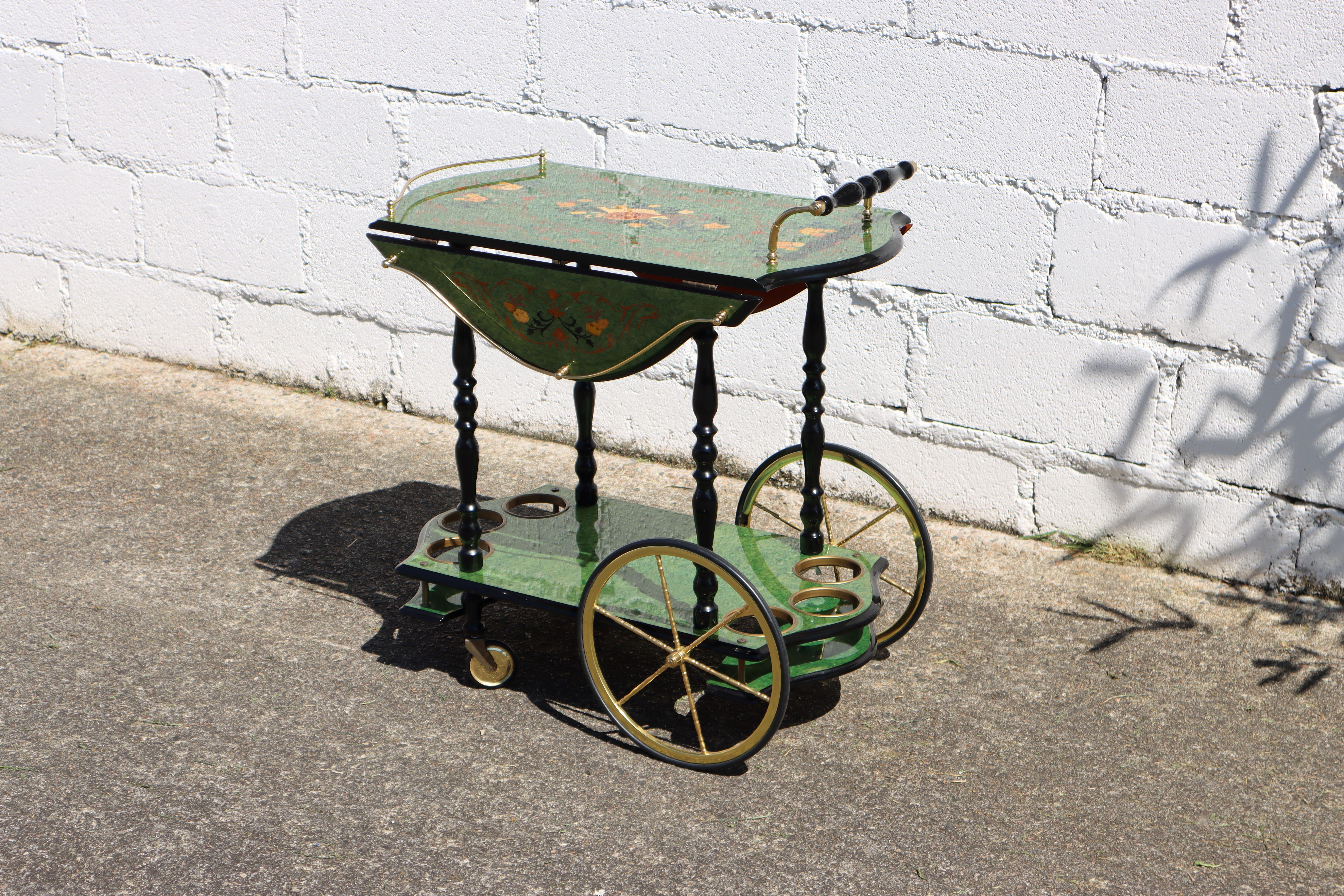 Italian Marquetry Two Tier Drop Leaf Bar Cart-Vintage emerald Dessert-Bar Cart For Sale 4