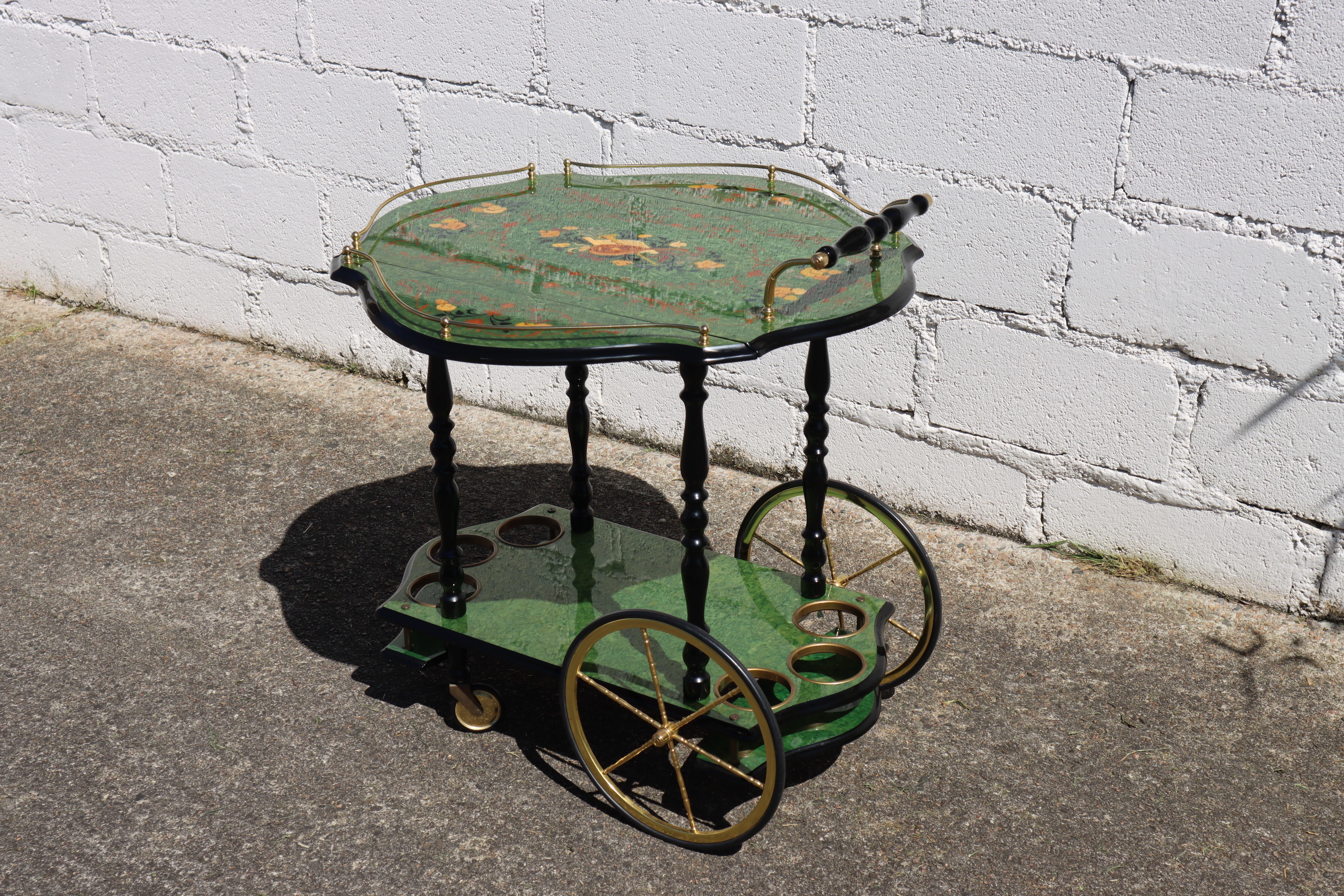 Italian Marquetry Two Tier Drop Leaf Bar Cart-Vintage emerald Dessert-Bar Cart For Sale 7