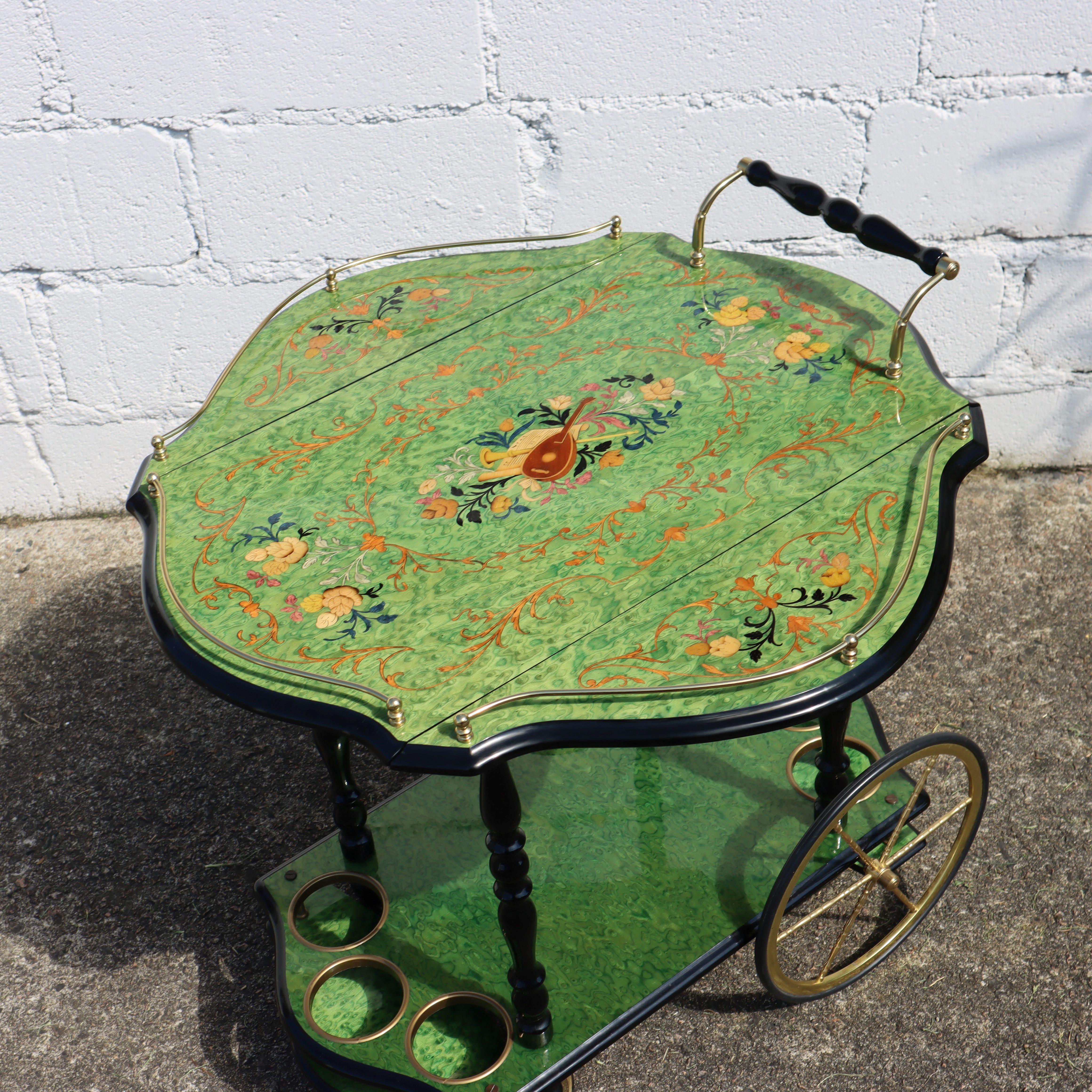 Italian Marquetry Two Tier Drop Leaf Bar Cart-Vintage emerald Dessert-Bar Cart For Sale 9