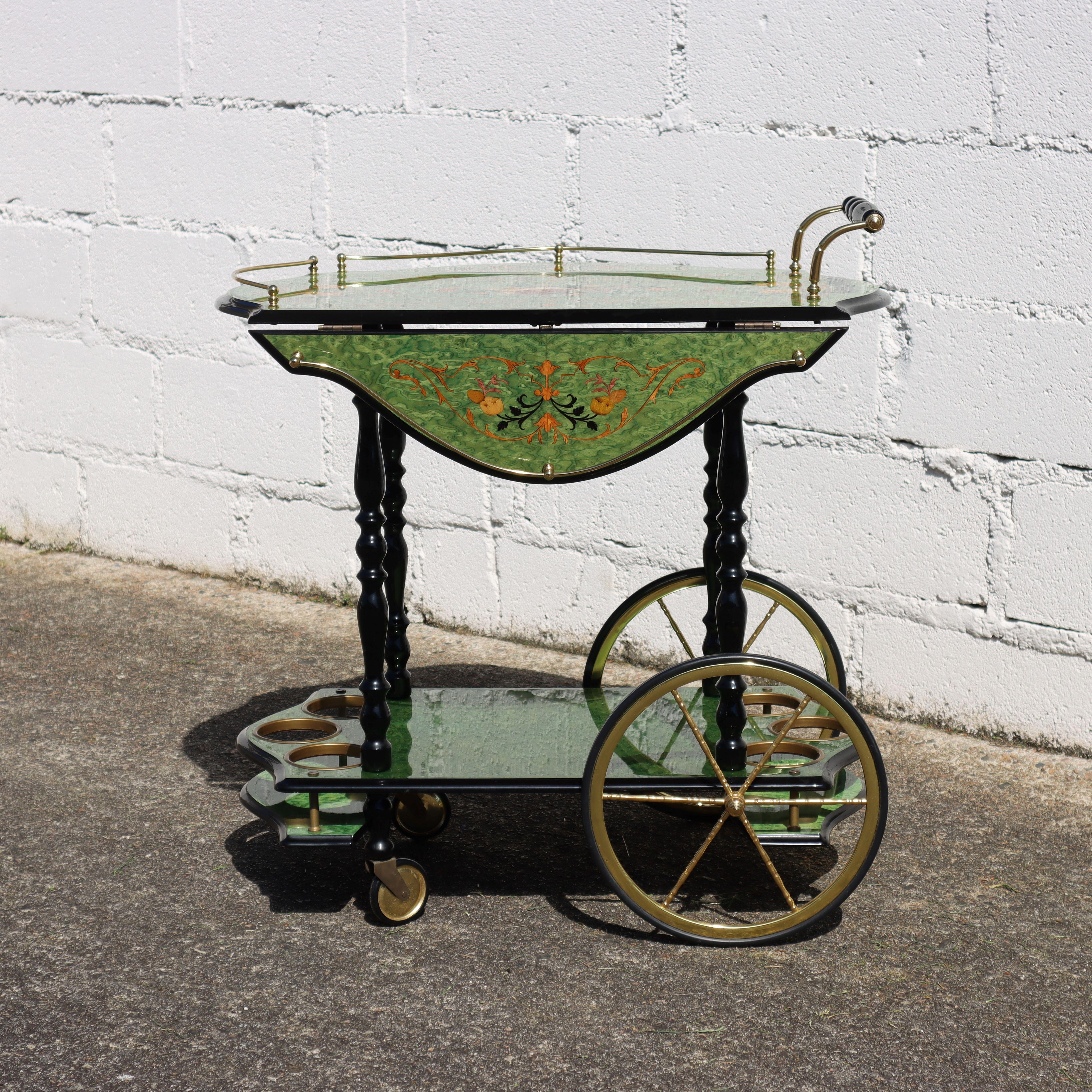 Italian Marquetry Two Tier Drop Leaf Bar Cart-Vintage emerald Dessert-Bar Cart For Sale 10