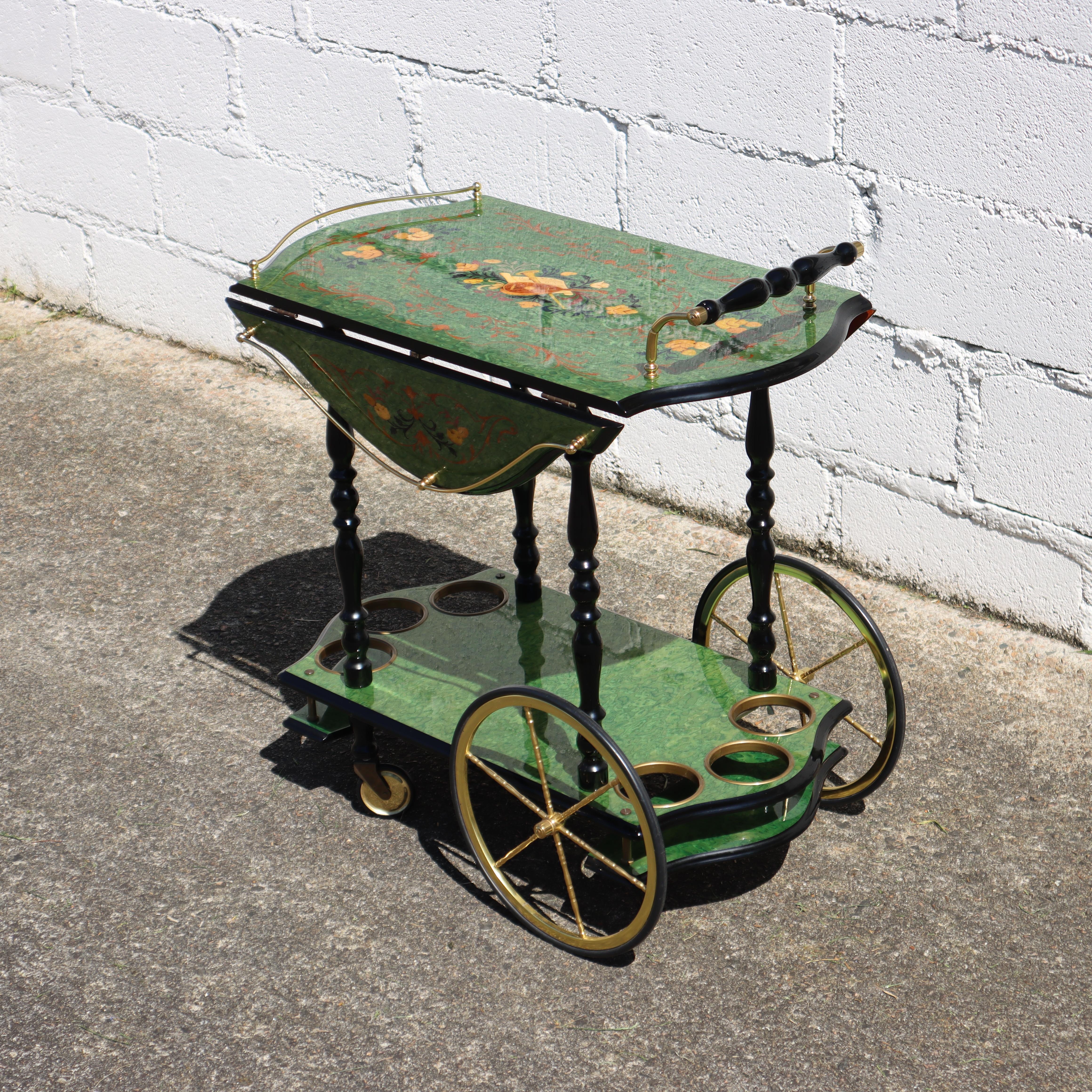 Italian Marquetry Two Tier Drop Leaf Bar Cart-Vintage emerald Dessert-Bar Cart For Sale 11
