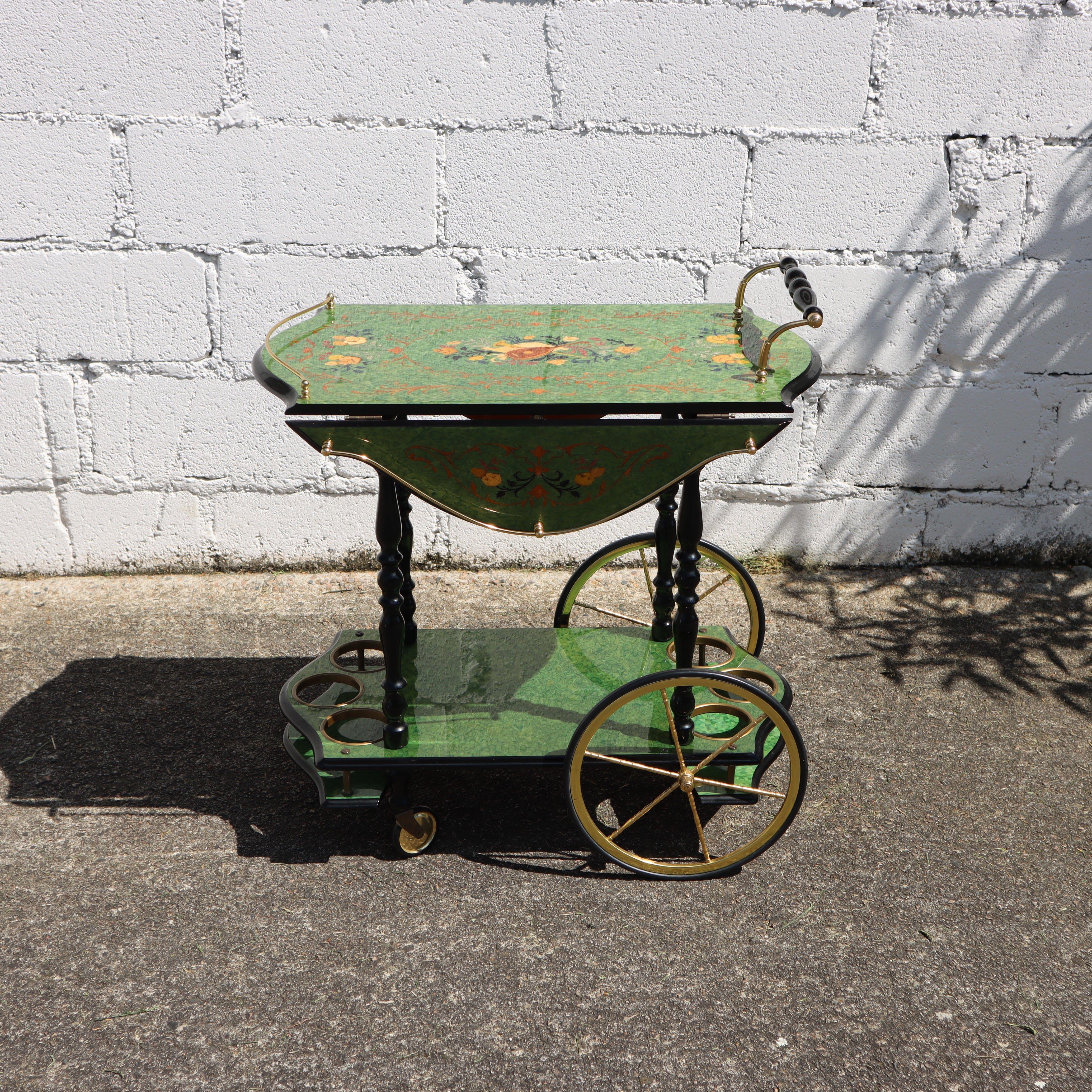 Neoclassical Italian Marquetry Two Tier Drop Leaf Bar Cart-Vintage emerald Dessert-Bar Cart For Sale