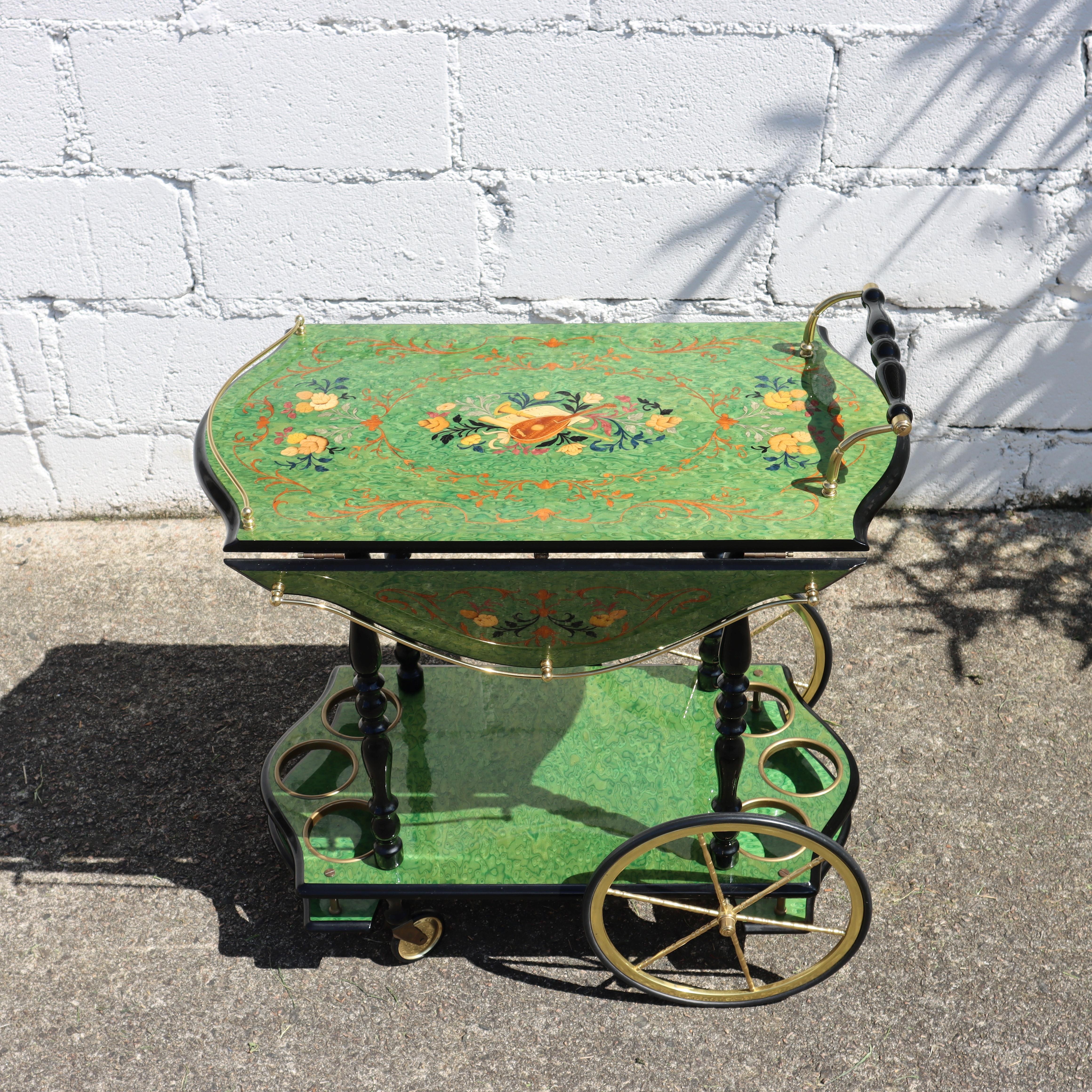 Neoclassical Italian Marquetry Two Tier Drop Leaf Bar Cart-Vintage emerald Dessert-Bar Cart For Sale