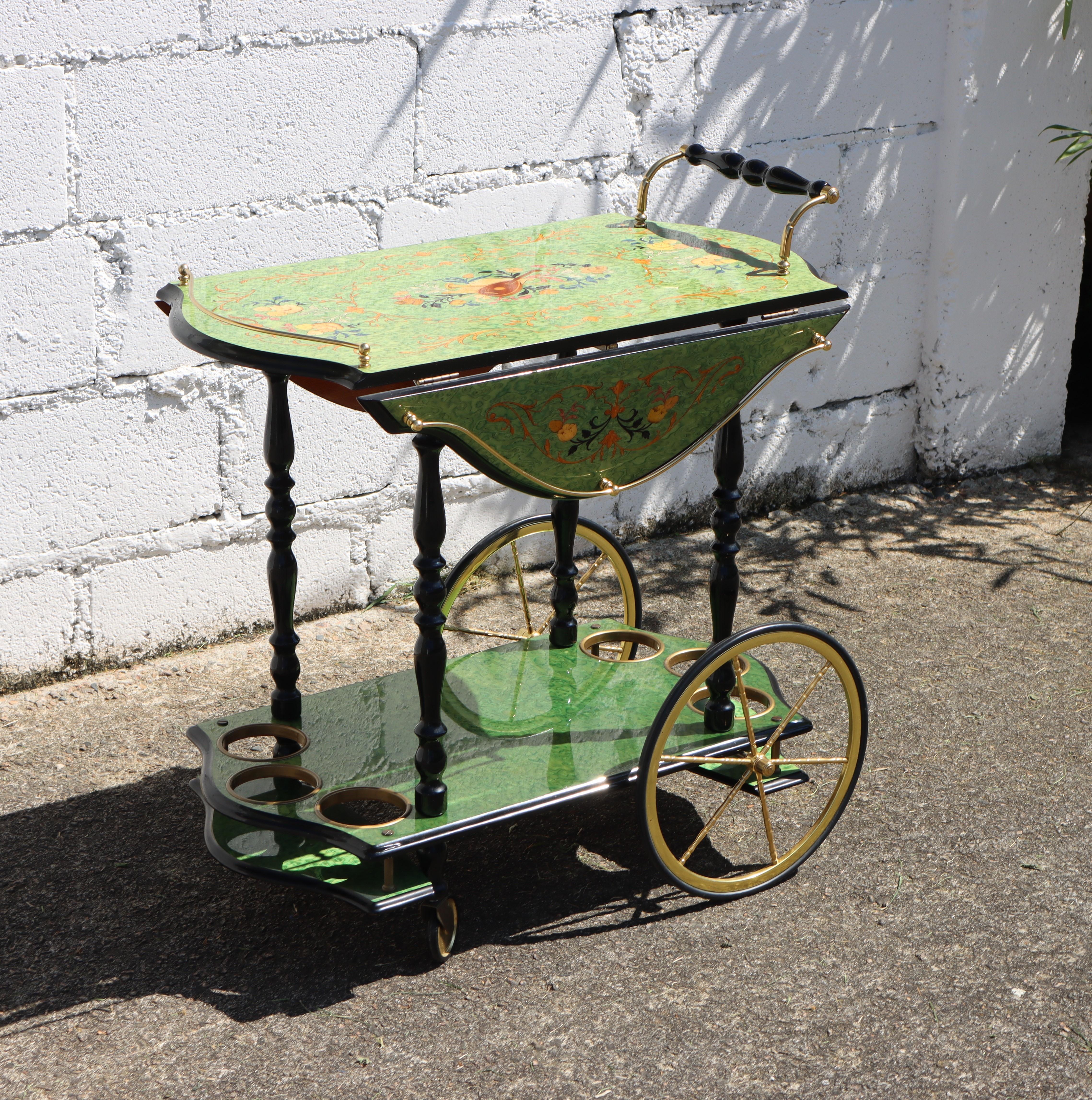 Late 20th Century Italian Marquetry Two Tier Drop Leaf Bar Cart-Vintage emerald Dessert-Bar Cart For Sale