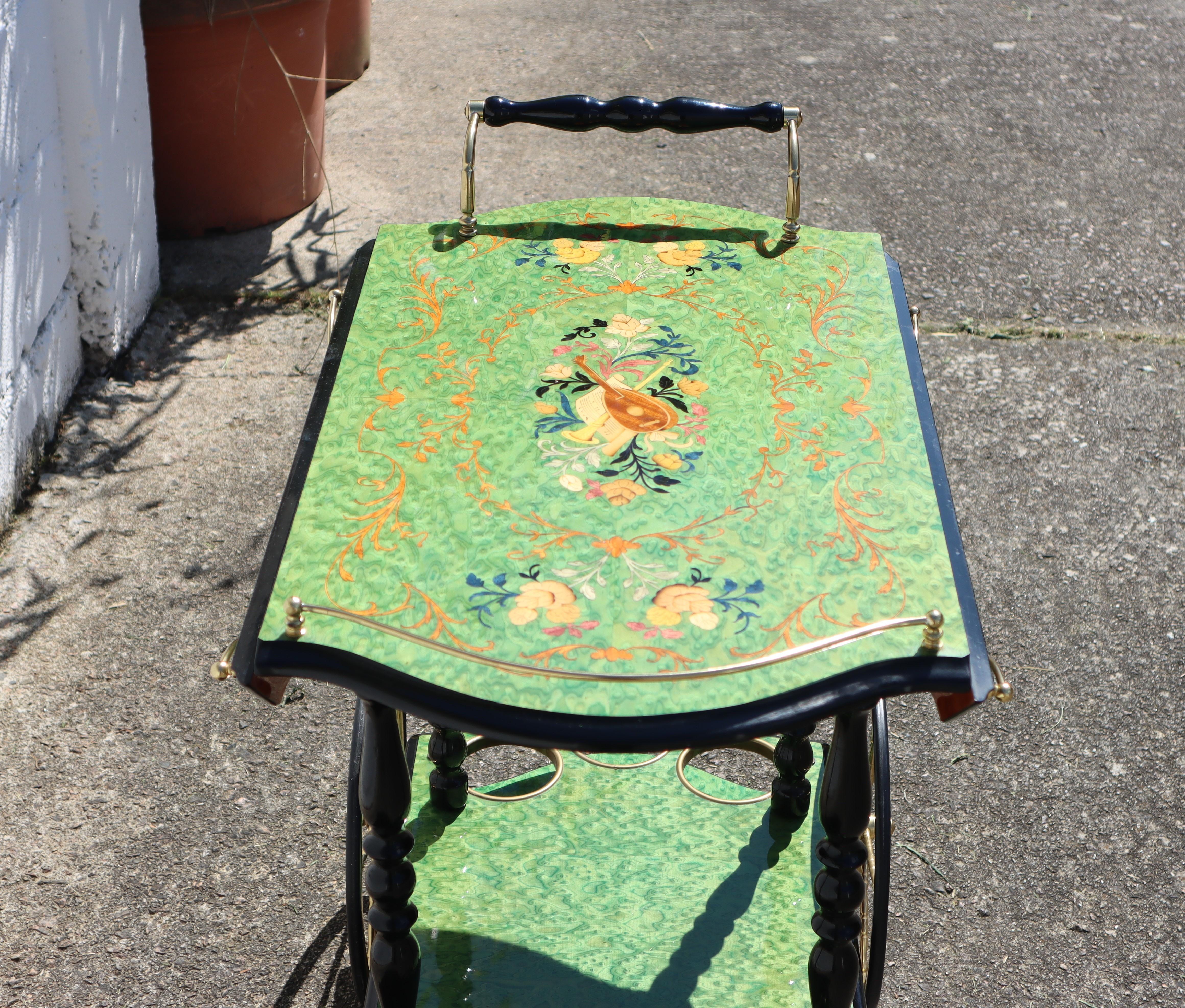 Brass Italian Marquetry Two Tier Drop Leaf Bar Cart-Vintage emerald Dessert-Bar Cart For Sale