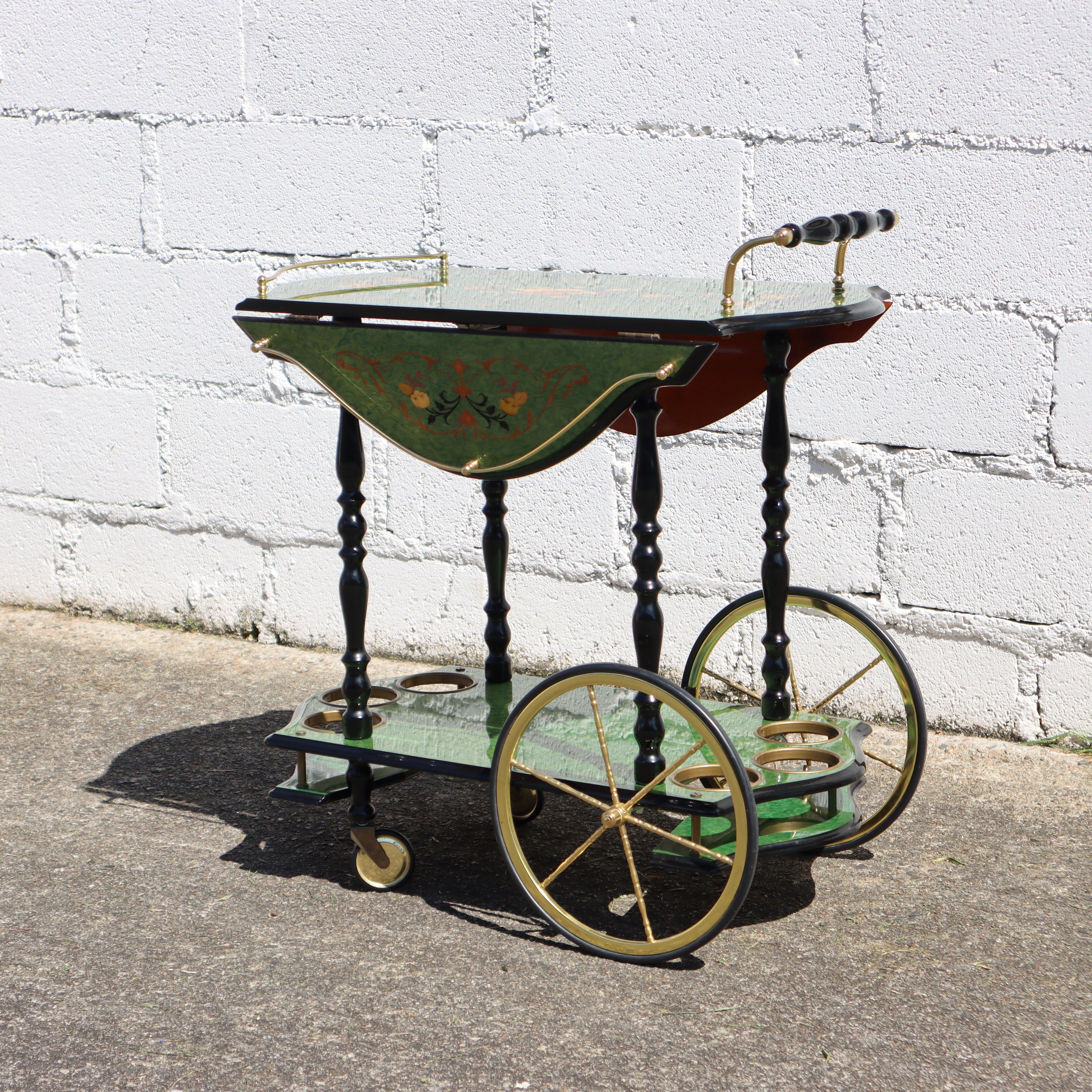 Italian Marquetry Two Tier Drop Leaf Bar Cart-Vintage emerald Dessert-Bar Cart For Sale 1