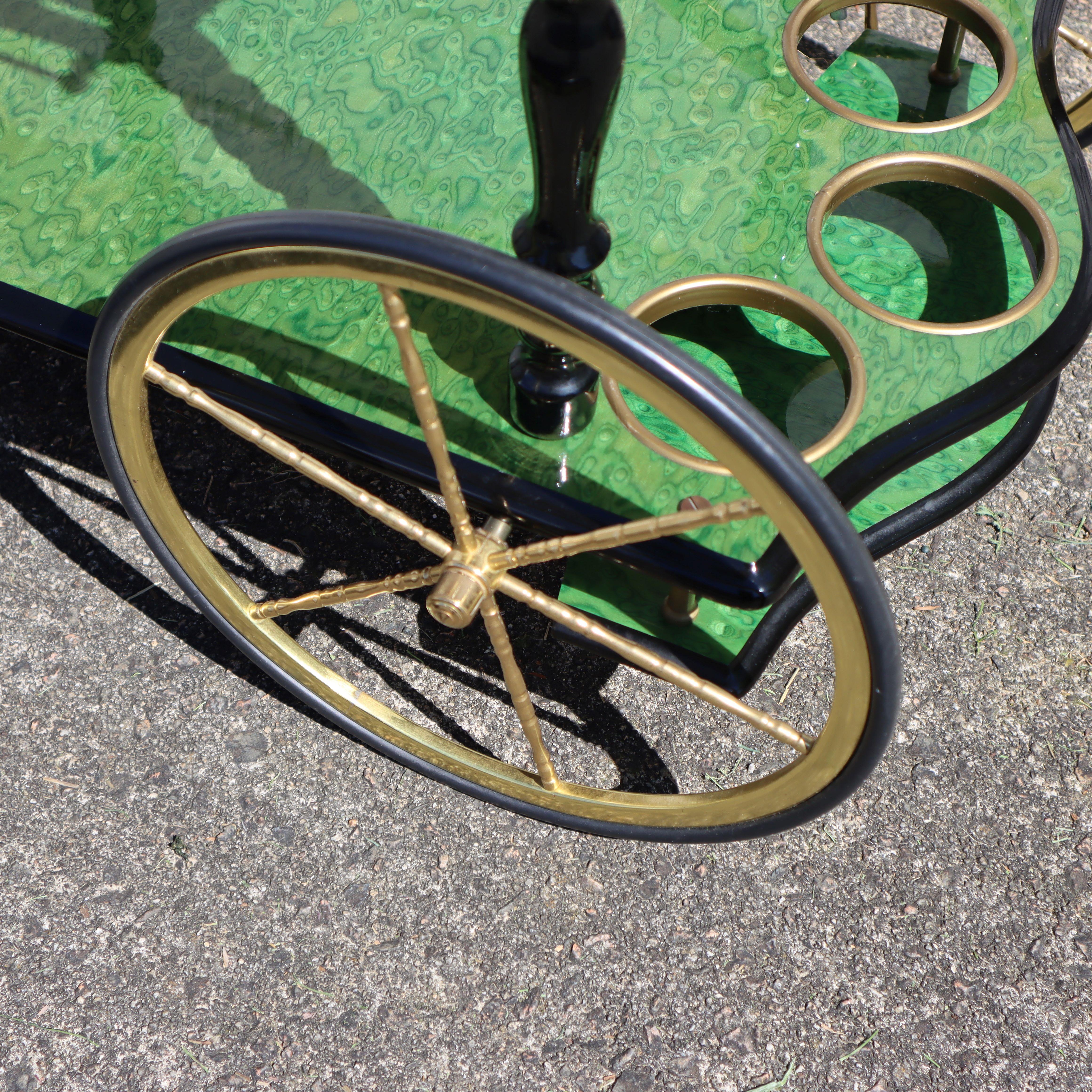 Italian Marquetry Two Tier Drop Leaf Bar Cart-Vintage emerald Dessert-Bar Cart For Sale 2