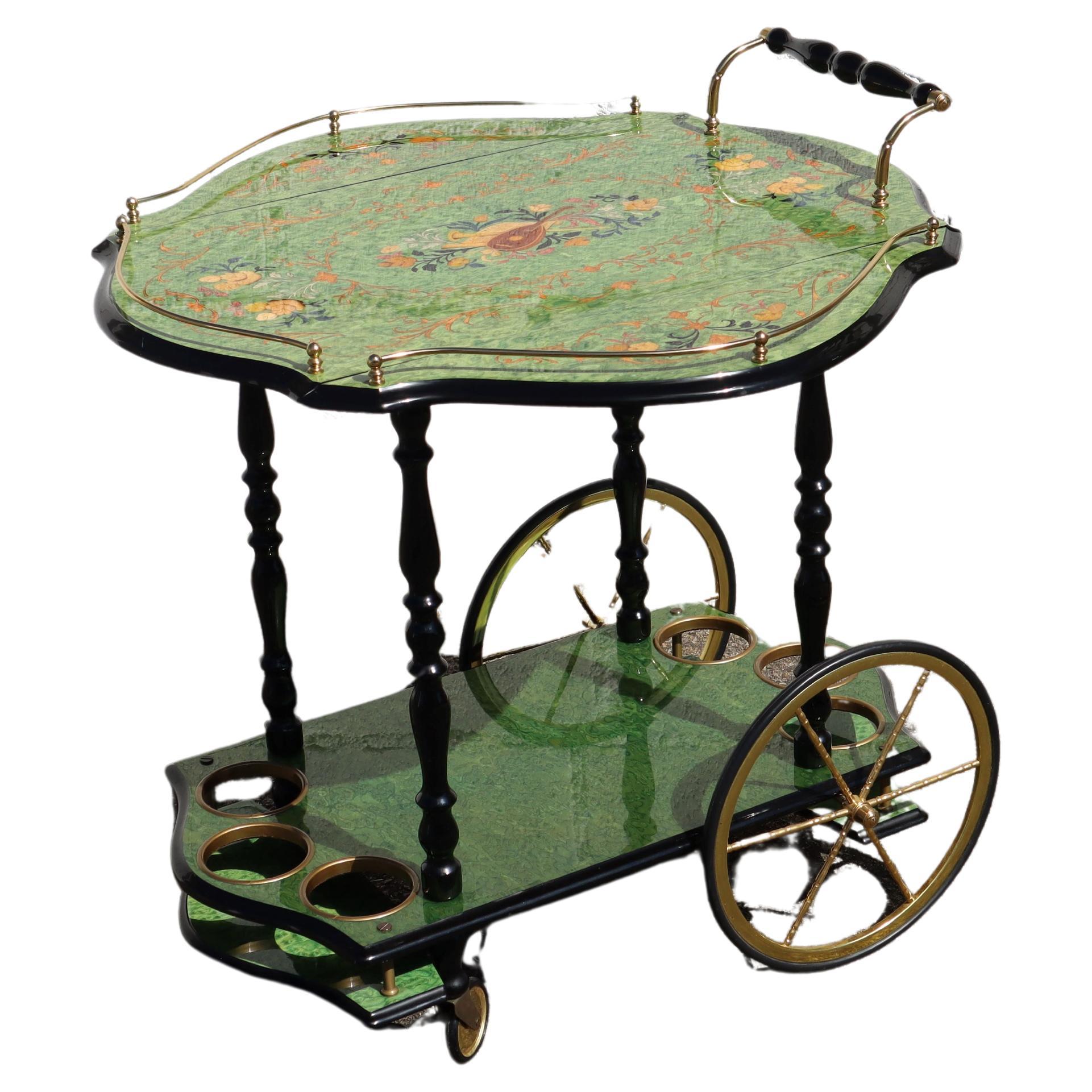 Italian Marquetry Two Tier Drop Leaf Bar Cart-Vintage emerald green Dessert-Bar Cart Neoclassical Style
Magnificent Intarsia Work and elaborately hand-painted Surface of the Table Top on an emerald green Background.
The Serving Platter is surrounded