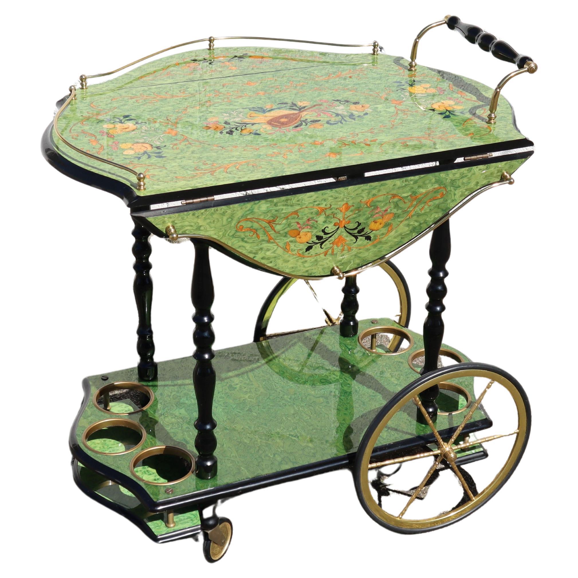 Italian Marquetry Two Tier Drop Leaf Bar Cart-Vintage emerald Dessert-Bar Cart For Sale