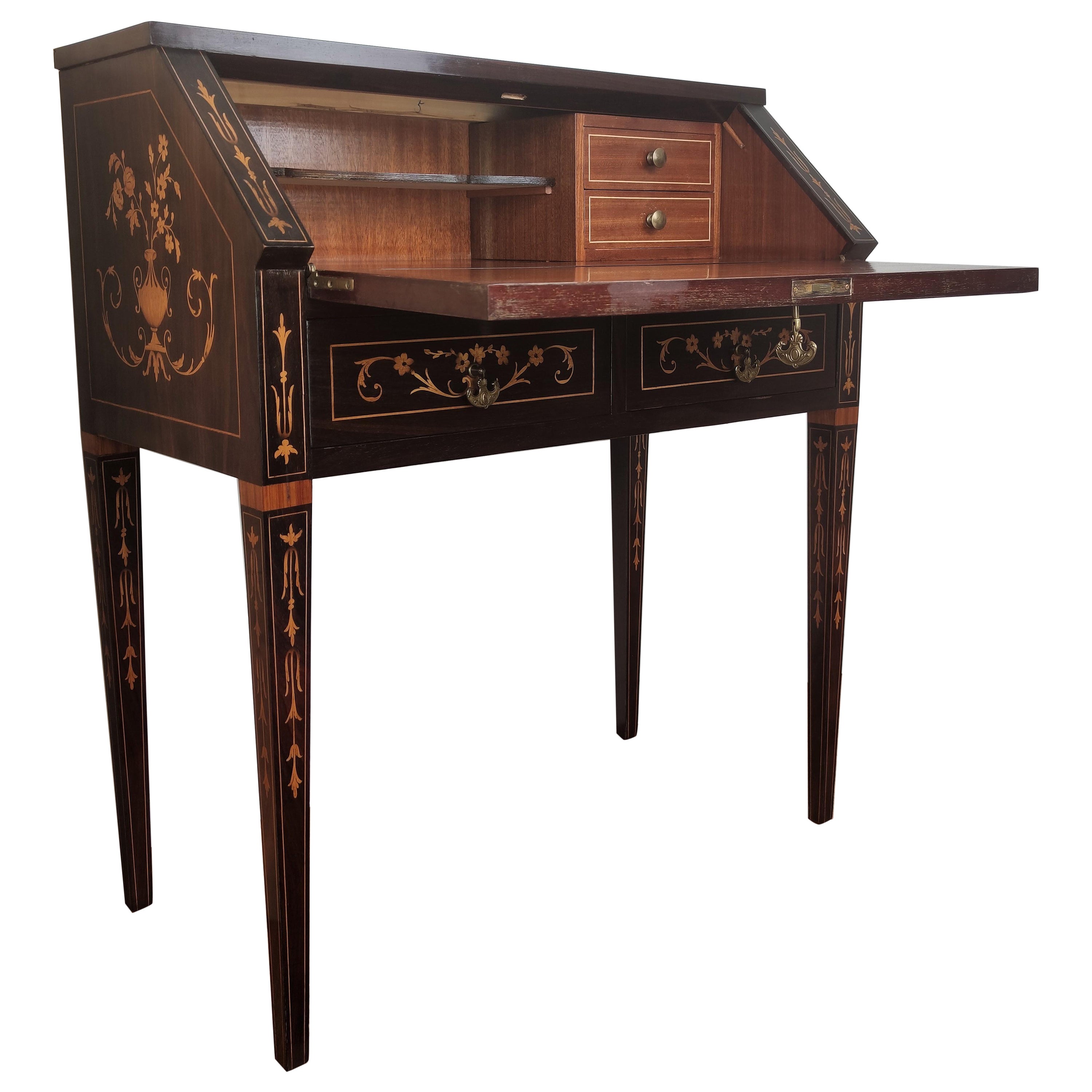 Italian Marquetry Walnut Burl Secretary Slant Front Desk Writing Table