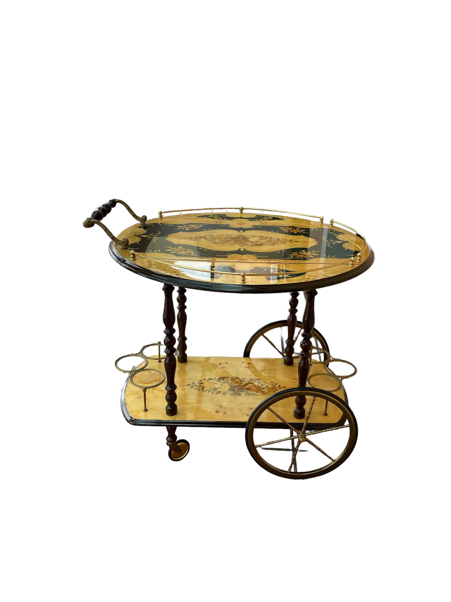 Italienischer Barwagen, Dessertwagen, Beistelltisch oder Badewagen aus Holz mit Intarsienarbeit im Angebot 4