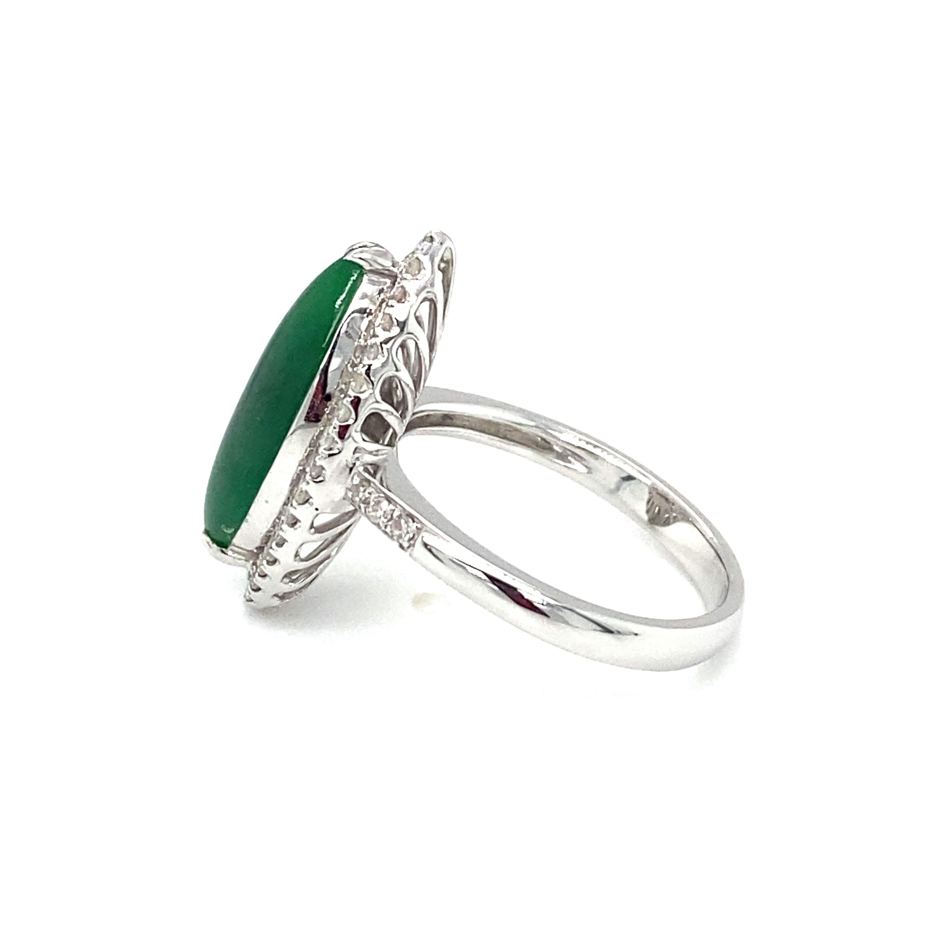 Marquise Cut Italian Marquise Jade and Diamond Halo Ring in 18K White Gold For Sale
