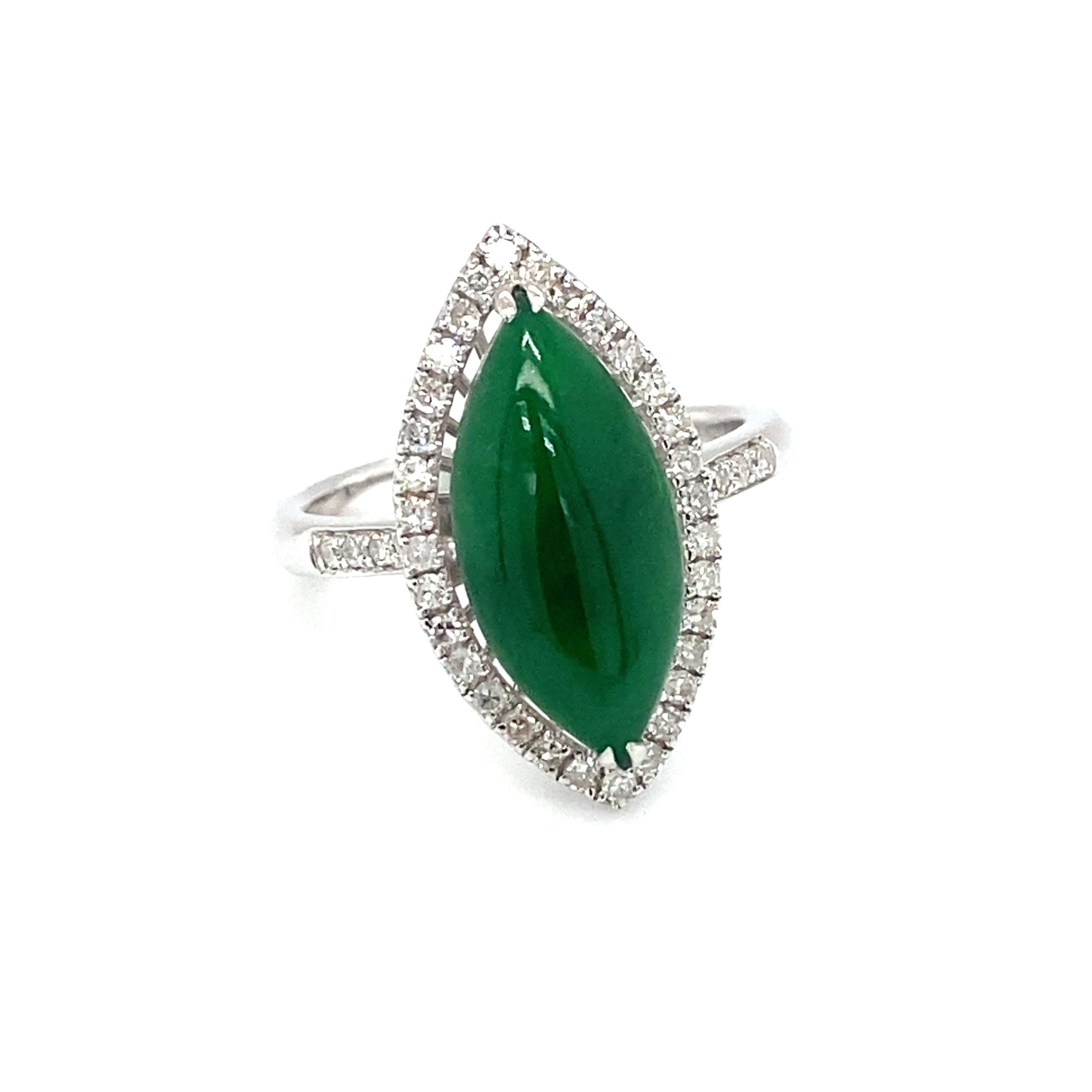 Italian Marquise Jade and Diamond Halo Ring in 18K White Gold In Good Condition For Sale In Atlanta, GA