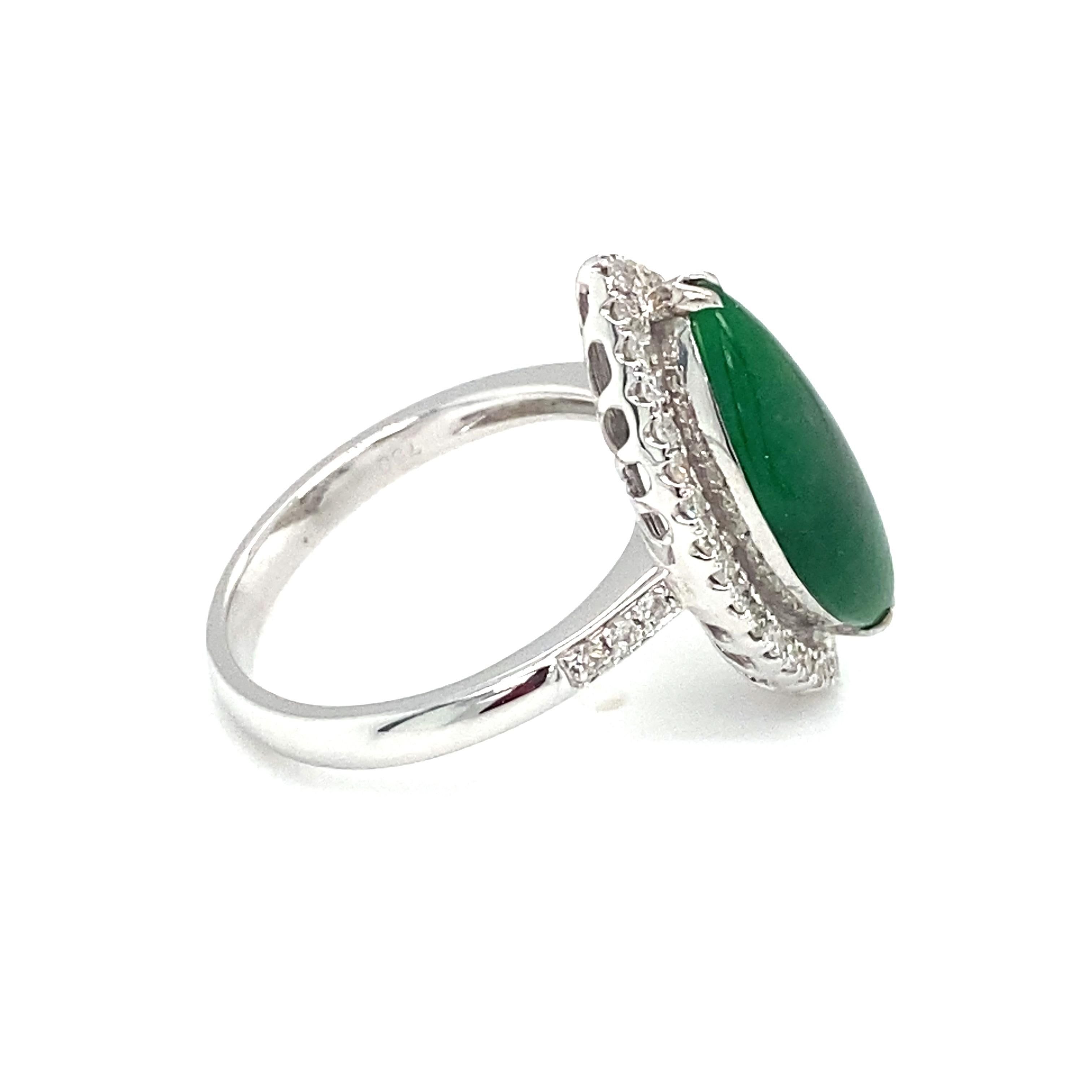 Women's or Men's Italian Marquise Jade and Diamond Halo Ring in 18K White Gold For Sale