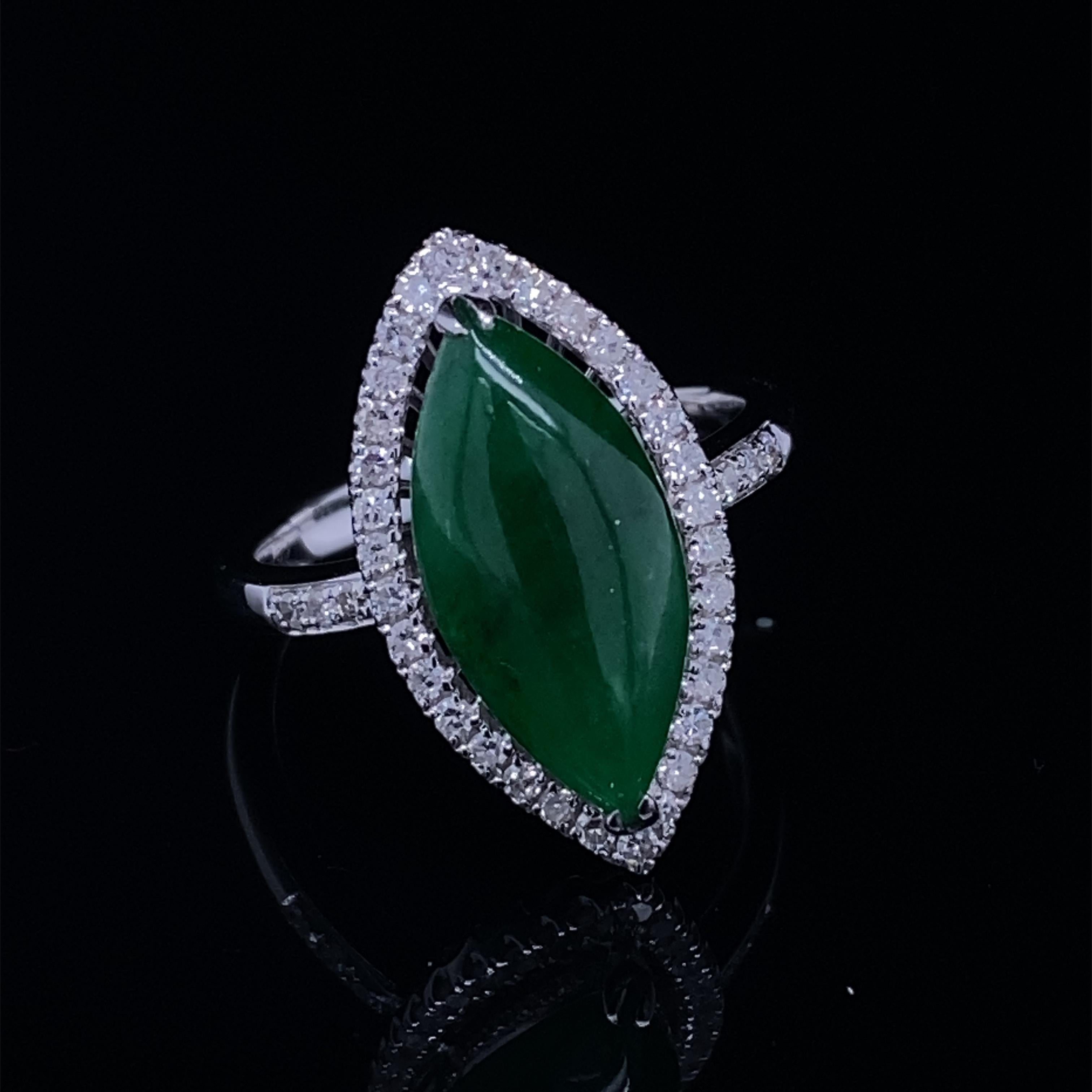 Italian Marquise Jade and Diamond Halo Ring in 18K White Gold For Sale 2