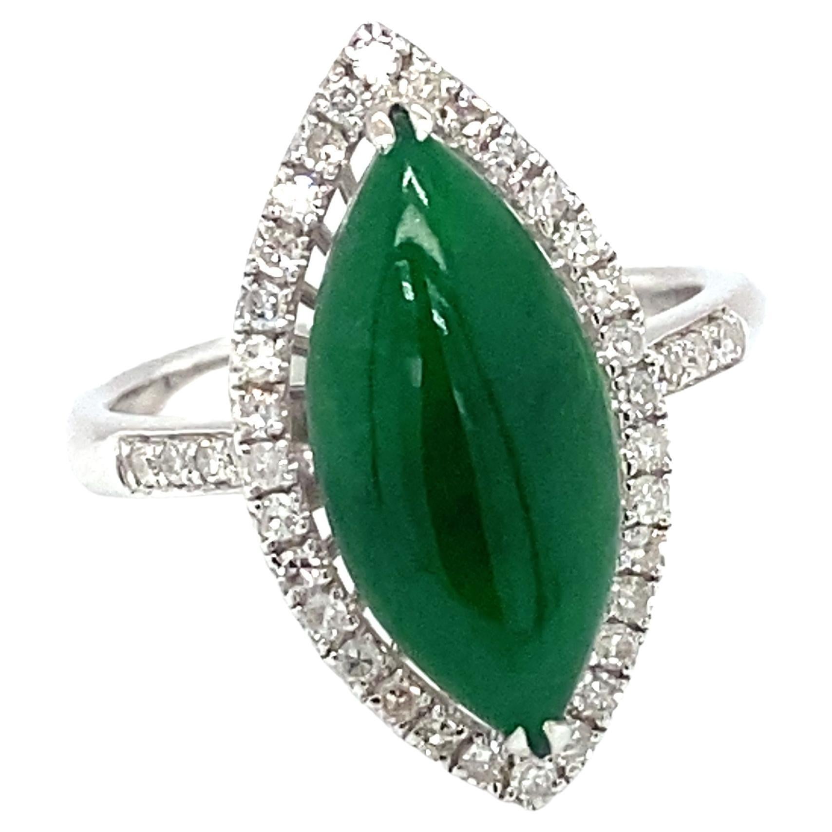 Italian Marquise Jade and Diamond Halo Ring in 18K White Gold For Sale
