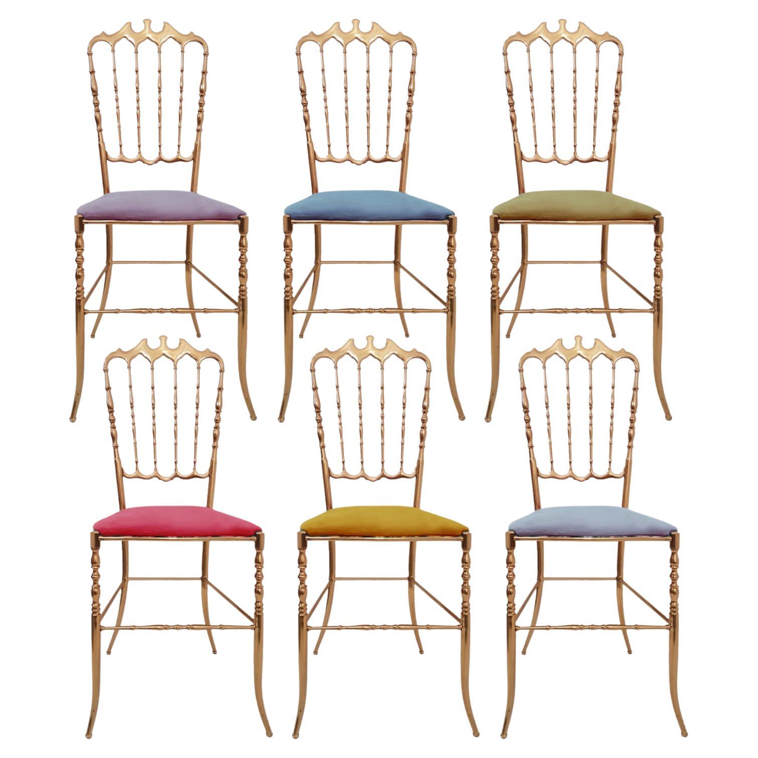 Set of 3 Italian Solid Brass Chiavari Chairs From 1950s New Upholstery