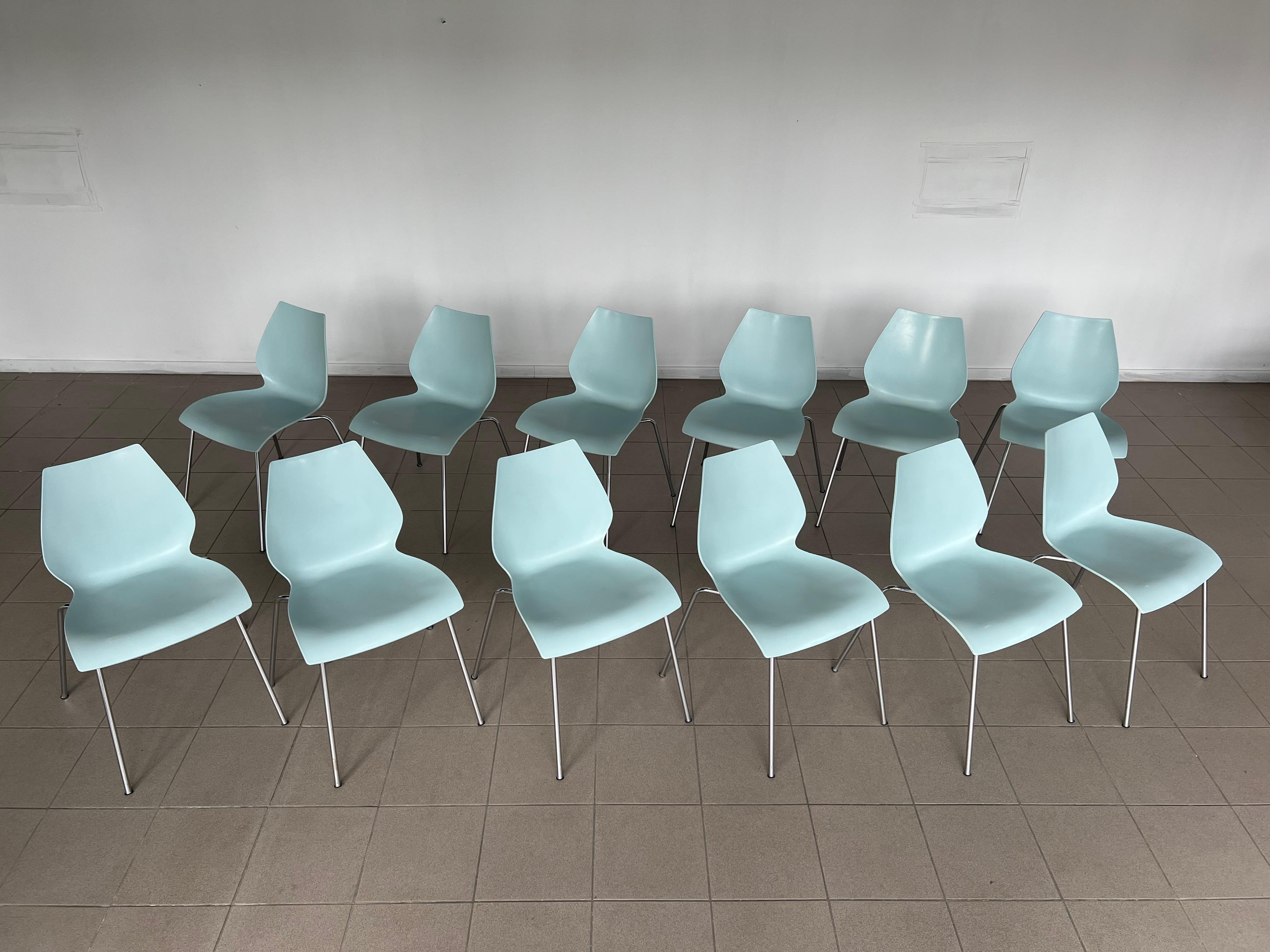 Late 20th Century Italian Maui Pale Blue Side Chairs Vico Magistretti for Kartell - Set of 12 For Sale