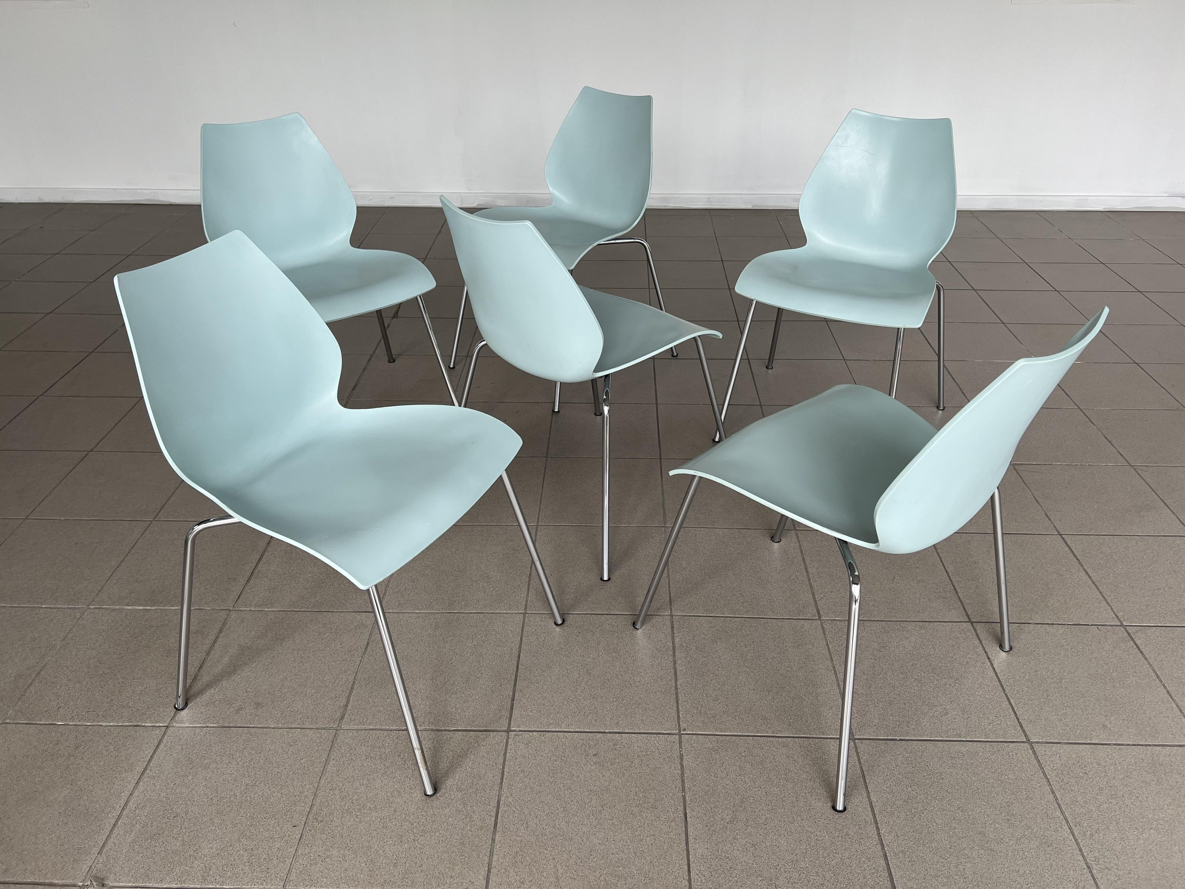 Modern Italian Maui Pale Blue Side Dining Chair Vico Magistretti for Kartell - Set of 6 For Sale