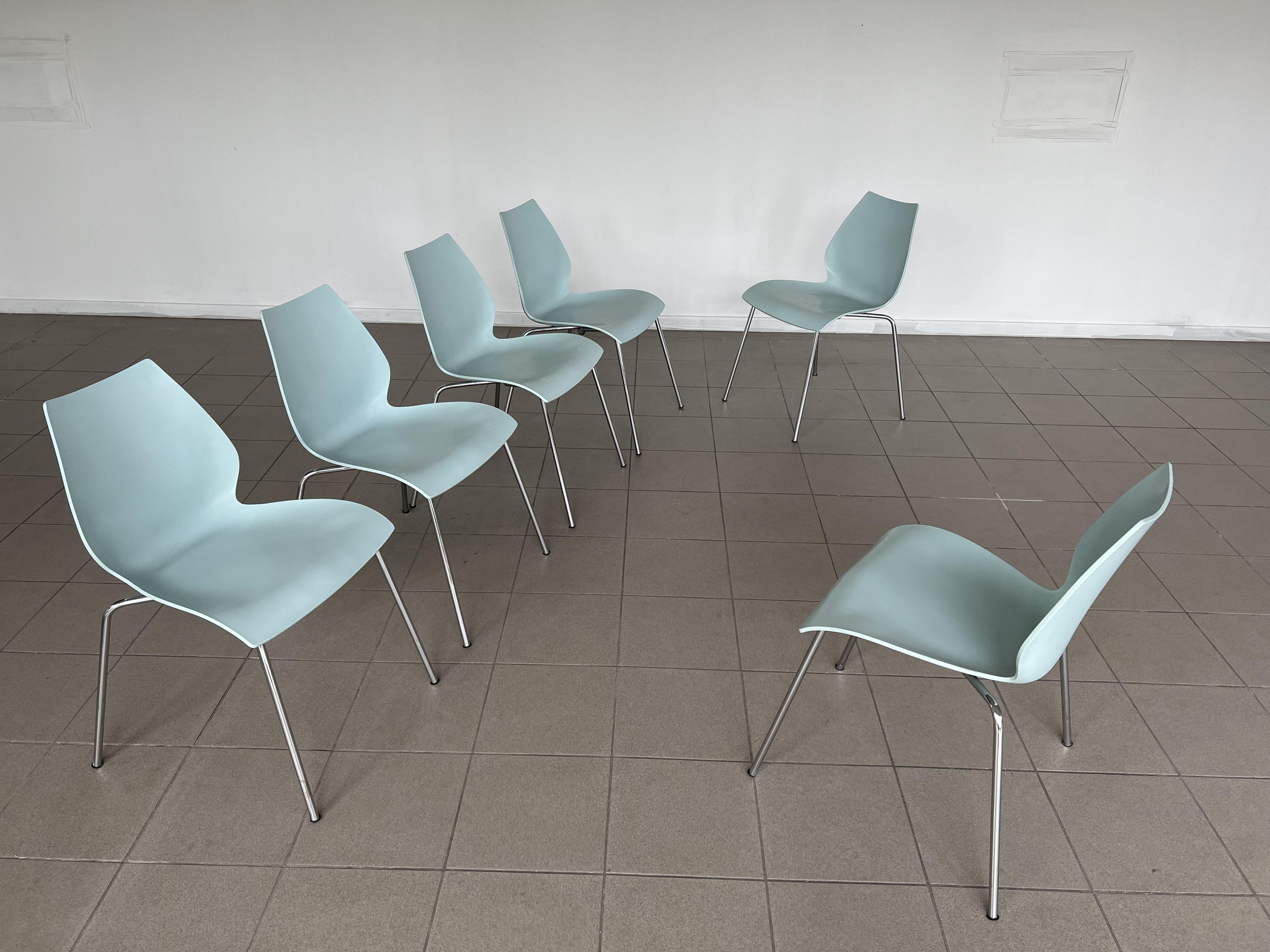Italian Maui Pale Blue Side Dining Chair Vico Magistretti for Kartell - Set of 6 In Fair Condition For Sale In Bridgeport, CT