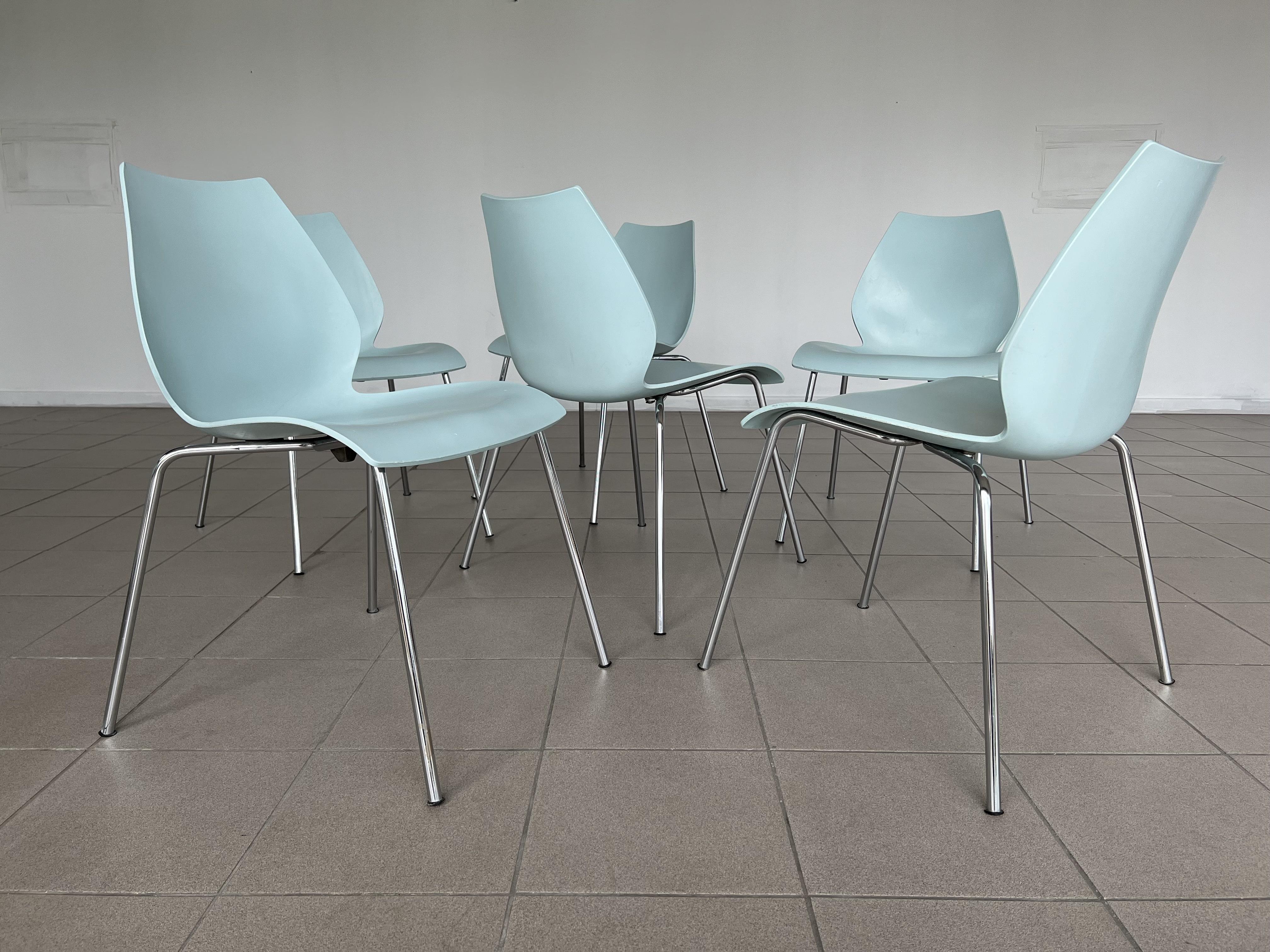 Late 20th Century Italian Maui Pale Blue Side Dining Chair Vico Magistretti for Kartell - Set of 6 For Sale