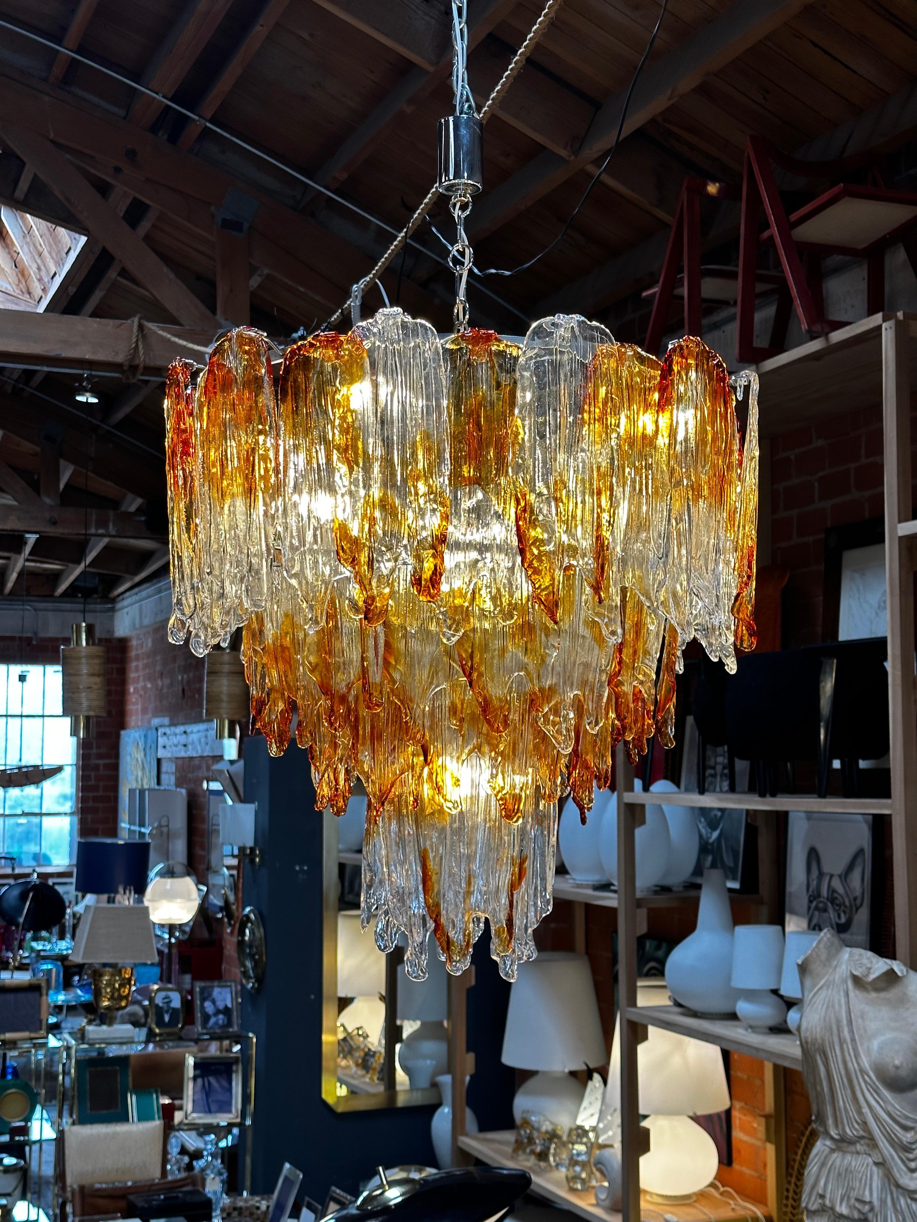 Mid-Century Modern Italian Mazzega Murano Chandelier in Amber and Clear Glass, 1960s For Sale