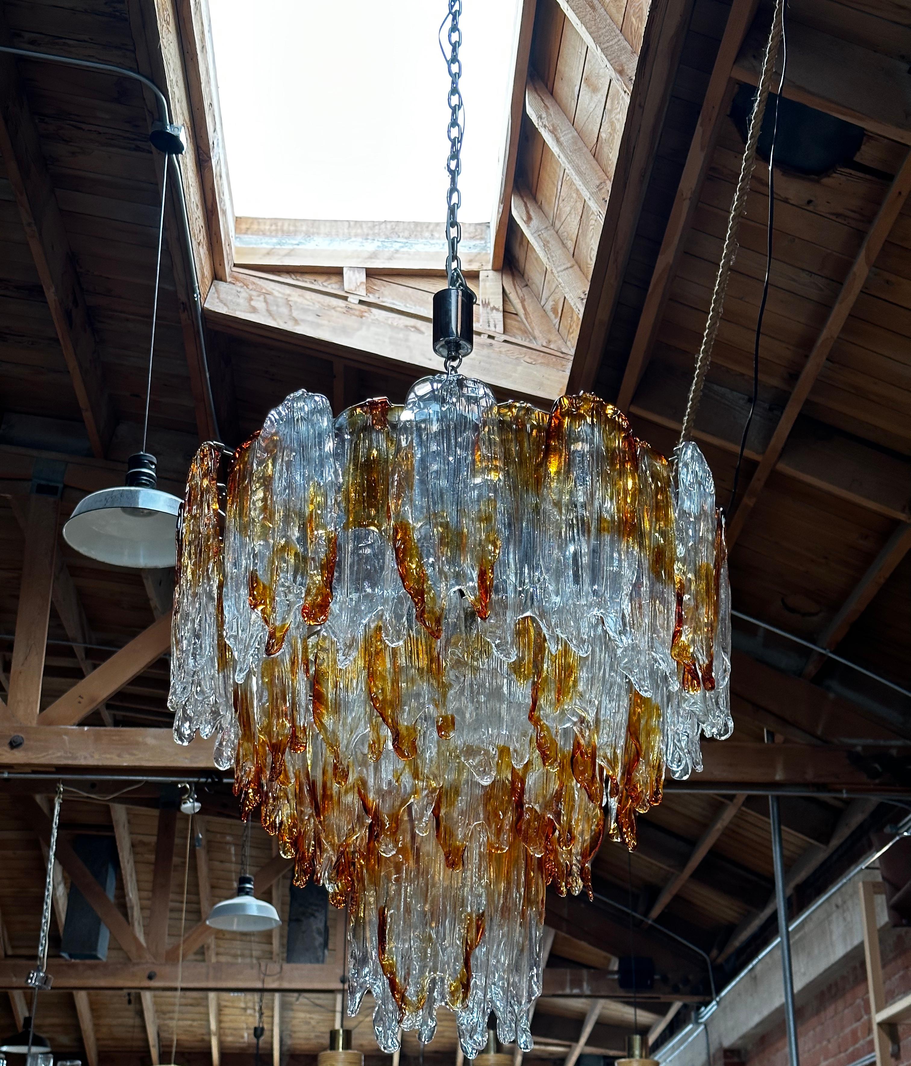 Italian Mazzega Murano Chandelier in Amber and Clear Glass, 1960s In Good Condition For Sale In Los Angeles, CA