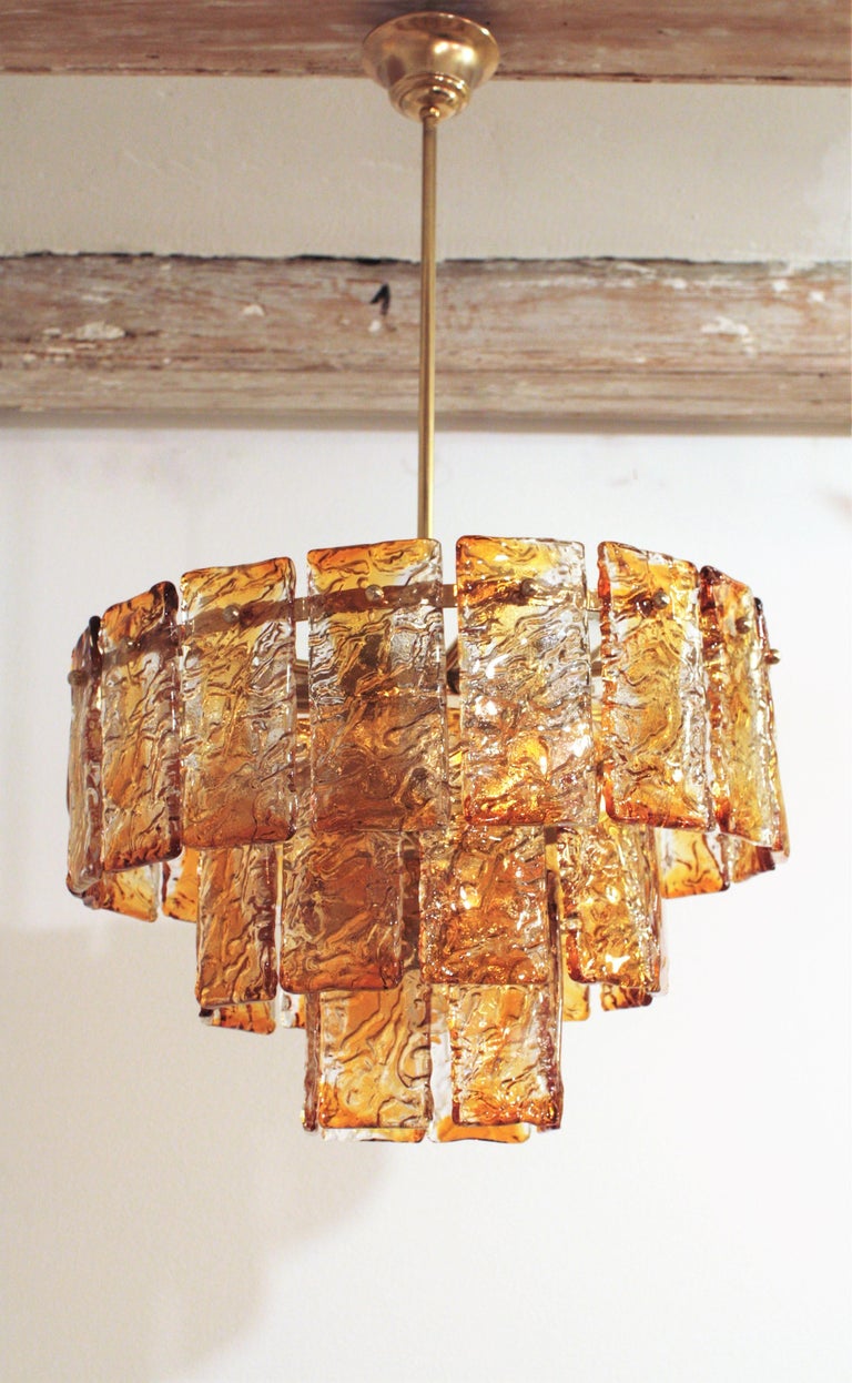 Metal Italian Mazzega Murano Chandelier in Amber and Clear Glass For Sale