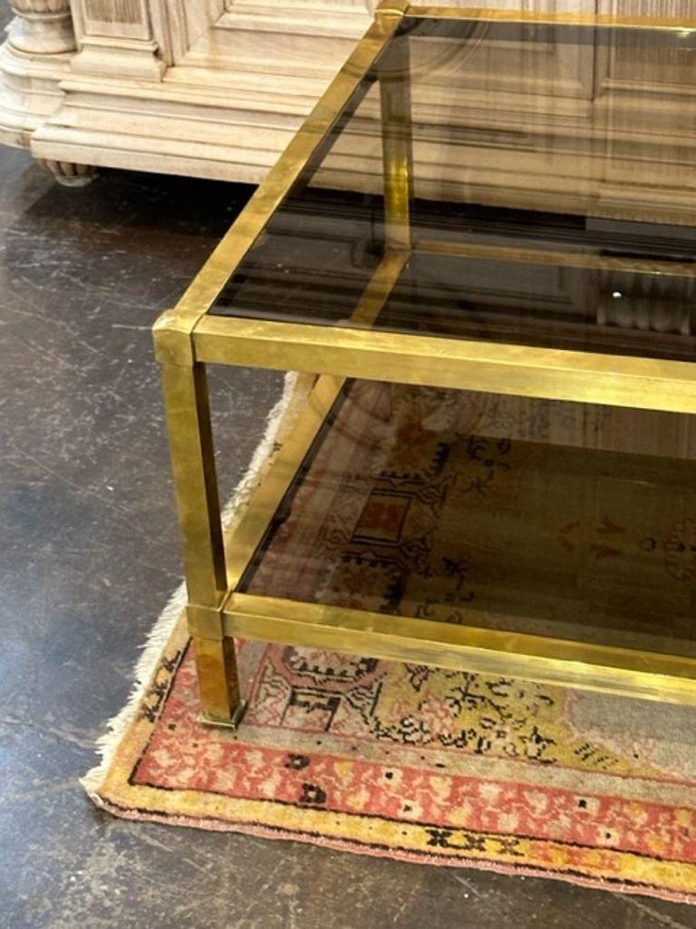 Mid-Century Modern Italian MCM Brass and Smoke Glass Coffee Table For Sale