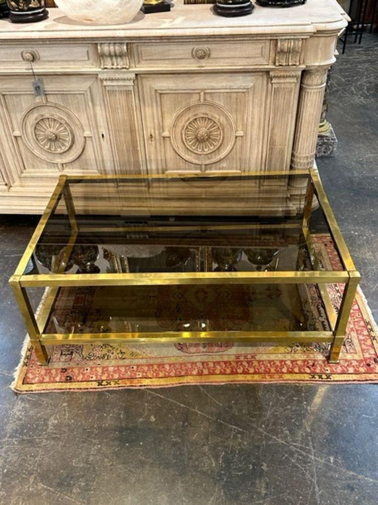 Italian MCM Brass and Smoke Glass Coffee Table In Good Condition For Sale In Dallas, TX