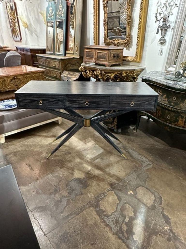 Italian made MCM Gio Ponti design cerused oak and brass console. Perfect for today's transitional designs!