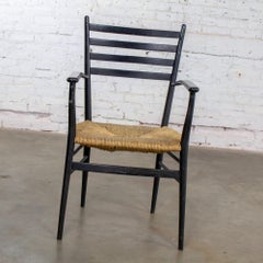 Italian MCM Ladderback Armchair Black Frame with Rush Seat Manner of Gio Ponti