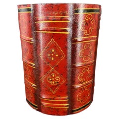 Italian MCM Leather Wood Book Library Wastebasket Trash Can