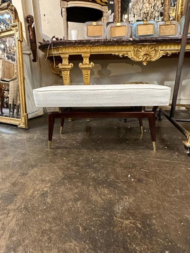 Italian MCM Style Mahogany and Brass Upholstered Bench In Good Condition For Sale In Dallas, TX