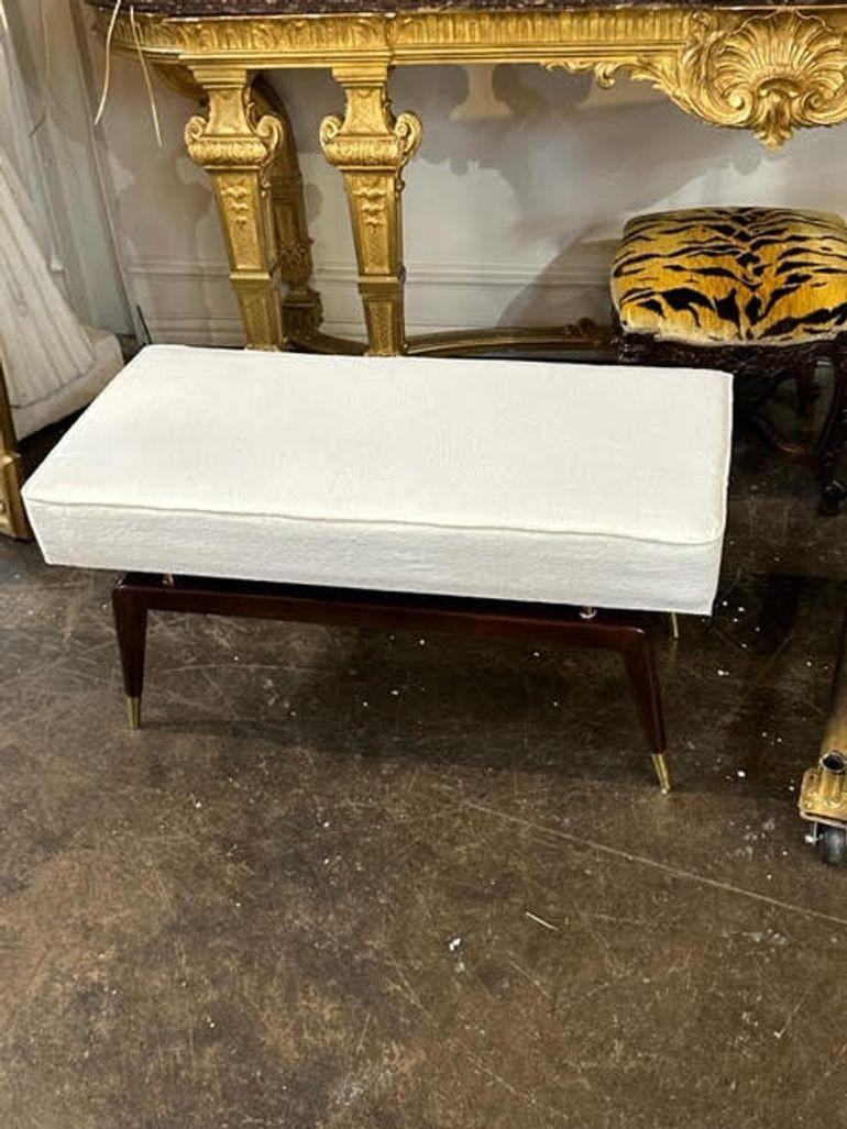 Contemporary Italian MCM Style Mahogany and Brass Upholstered Bench For Sale
