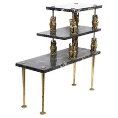 Vintage Italian MCM Three Tier Stepped Marble Table w. Supporting Chinese Brass Figures